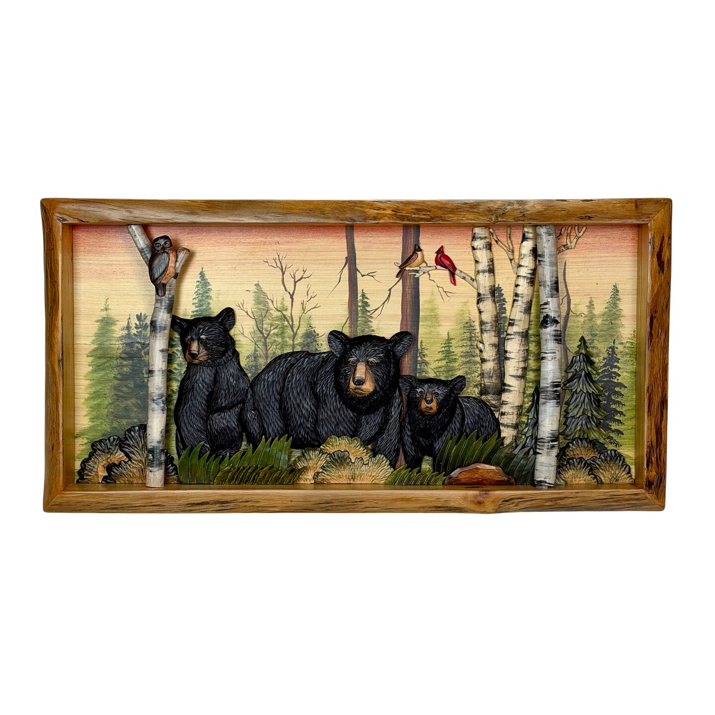 Rustic Bear Family in Woods Intarsia Wood Wall Sculpture 35.5x18 Indoor