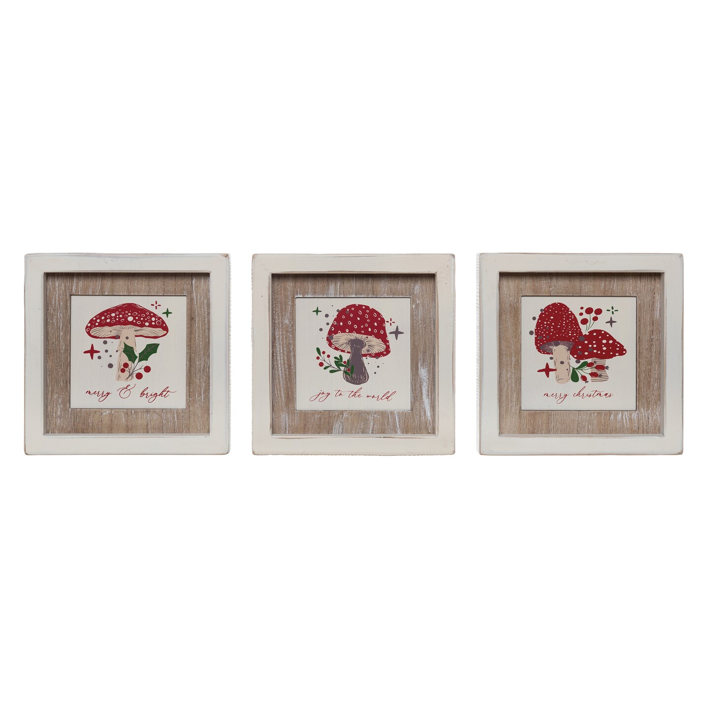 Wood Merry Mushroom Block Decor Set of Three Christmas Decor