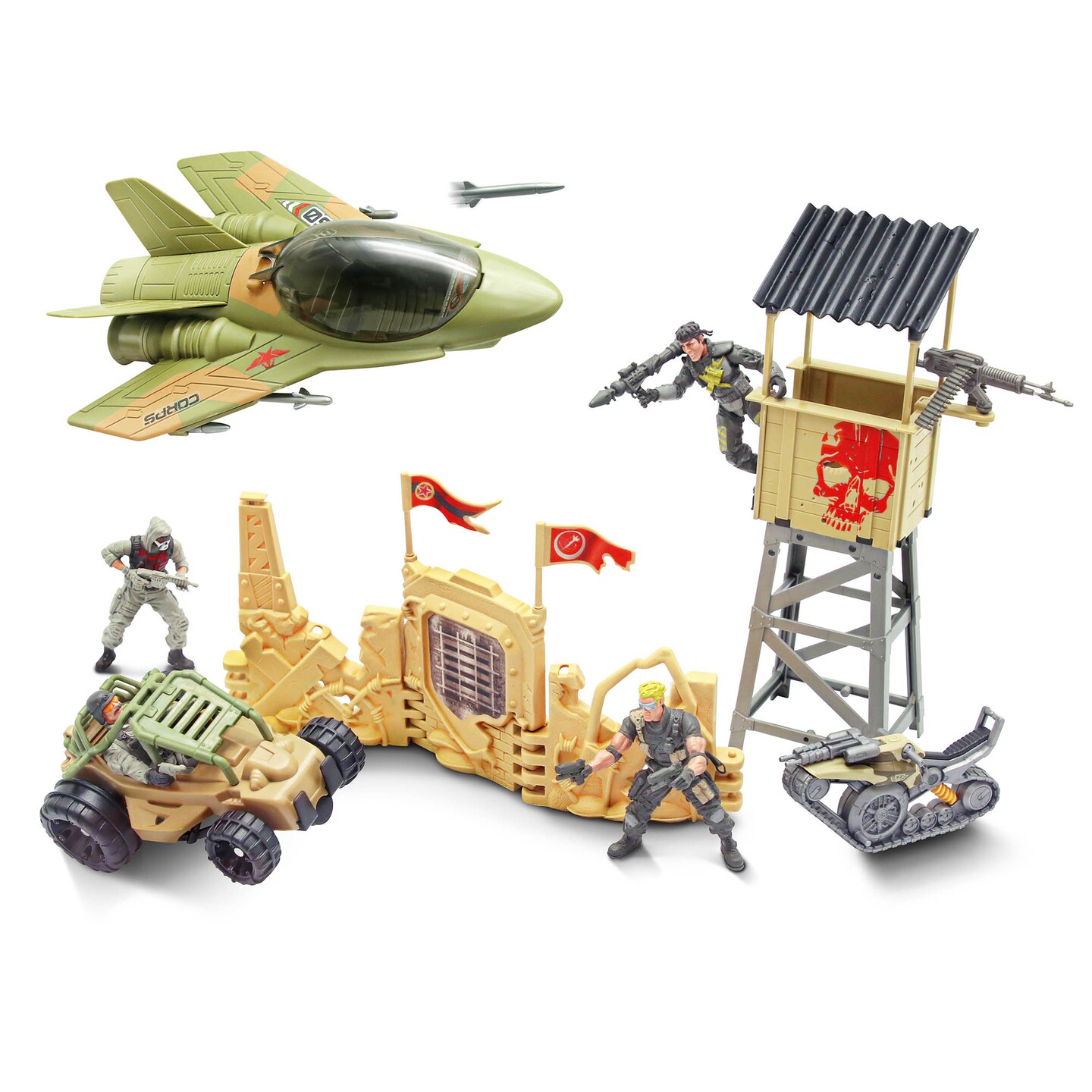 Lanard The Corps! Mission Terrain Battle - 4 Posable Action Figures, Military Vehicles &#x26; Weapon Accessories, Realistic Combat Play Toy, Kids Ages 3+
