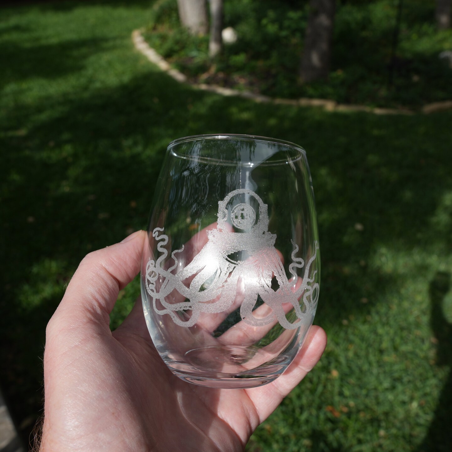 15oz Stemless Wine Glass Set - Steampunk Octopus + Slate Coaster