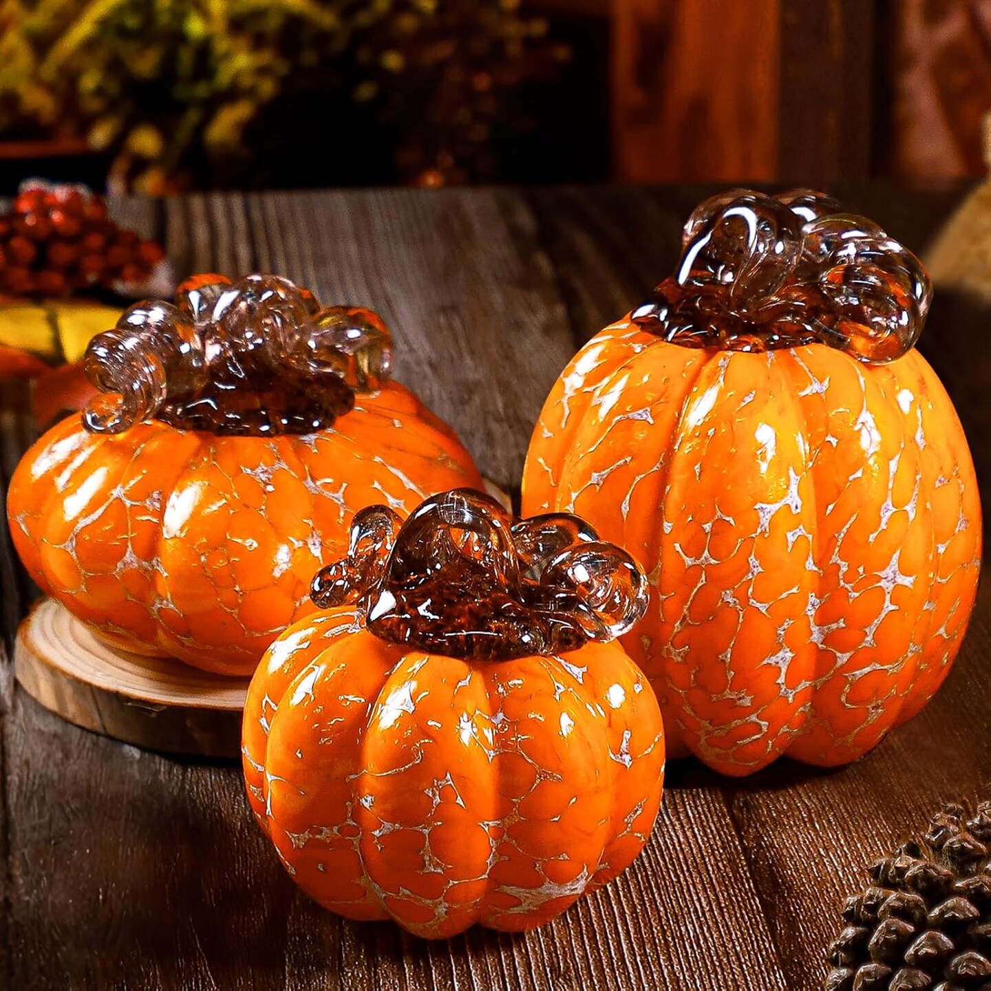 Michaels, 3 Piece Orange Hand Blown Glass Pumpkin Fall Decorations – Category: Decor Pumpkins