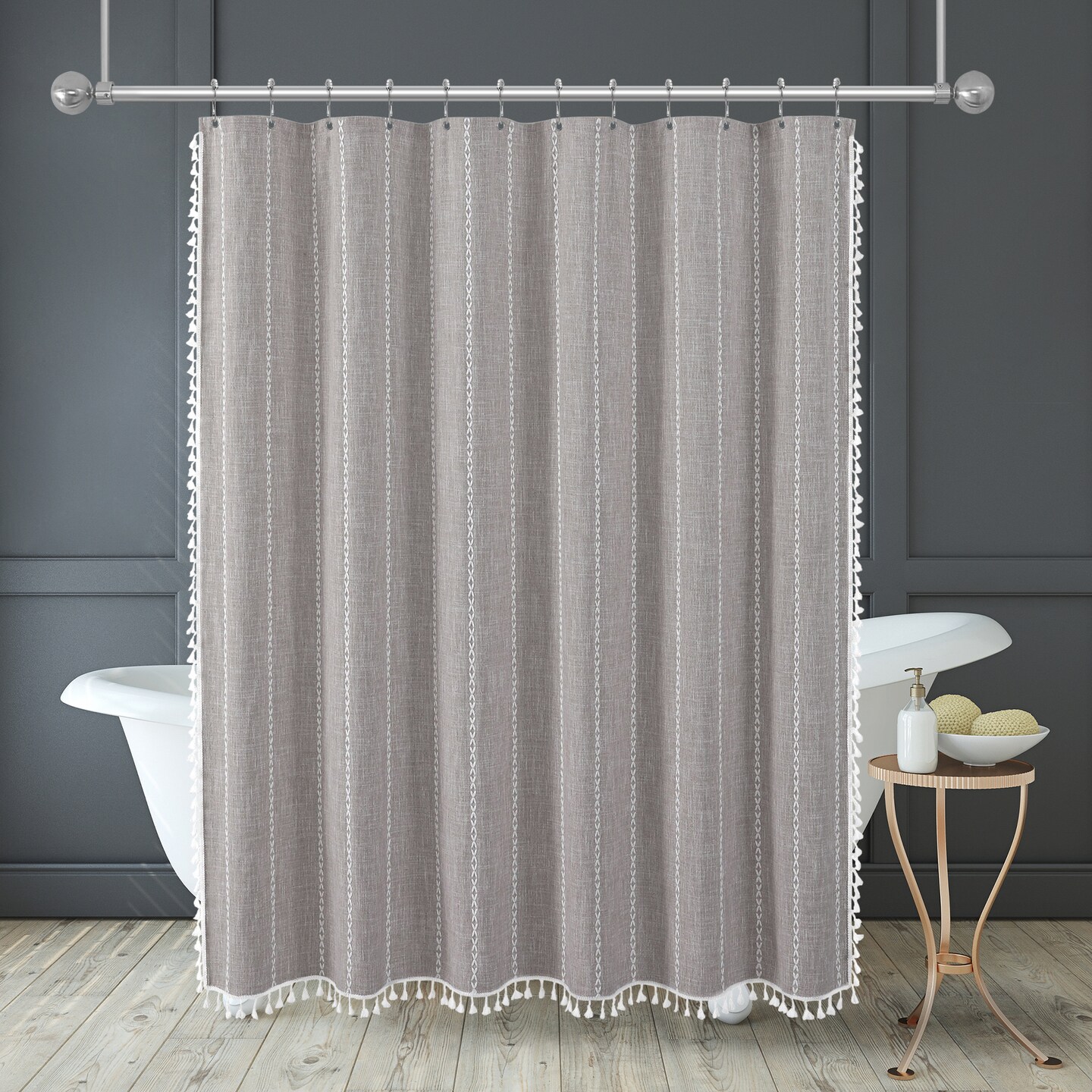 Americanflat 71x71 Woven Linen Shower Curtain with Tassel Accents - Includes 12 Grommets and Hooks - 100% Polyester