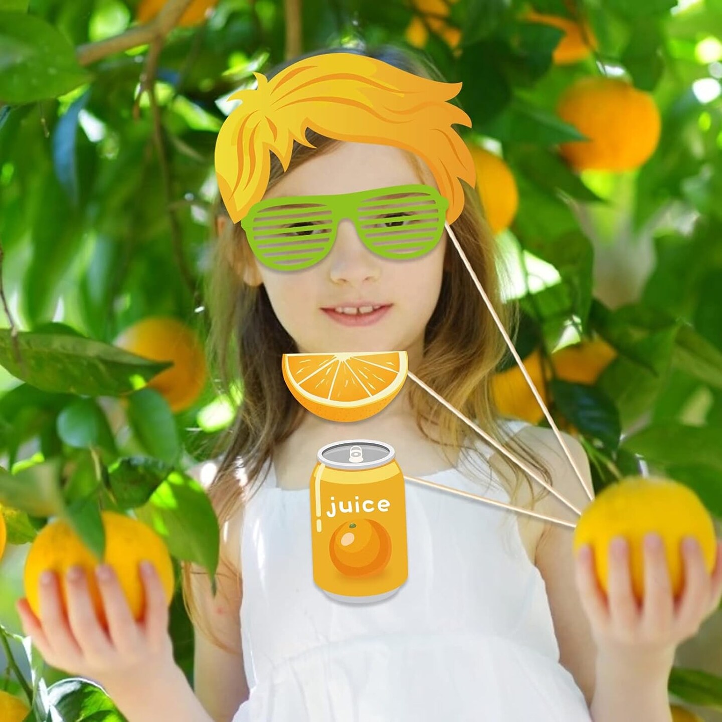 25-piece set of orange fruit-themed photo booth props with sticks—perfect for “Little Cutie” summer selfies, citrus-themed birthday parties, and fun photography backdrop decorations.