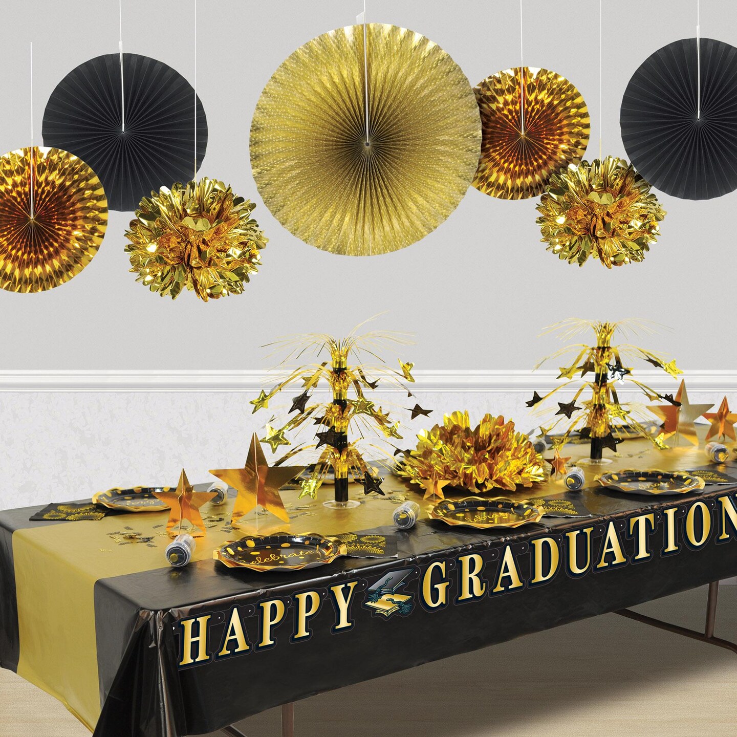 60 Piece Beistle New Year&#x27;s Eve Paper/Foil Decorative Fans - Asst black/gold