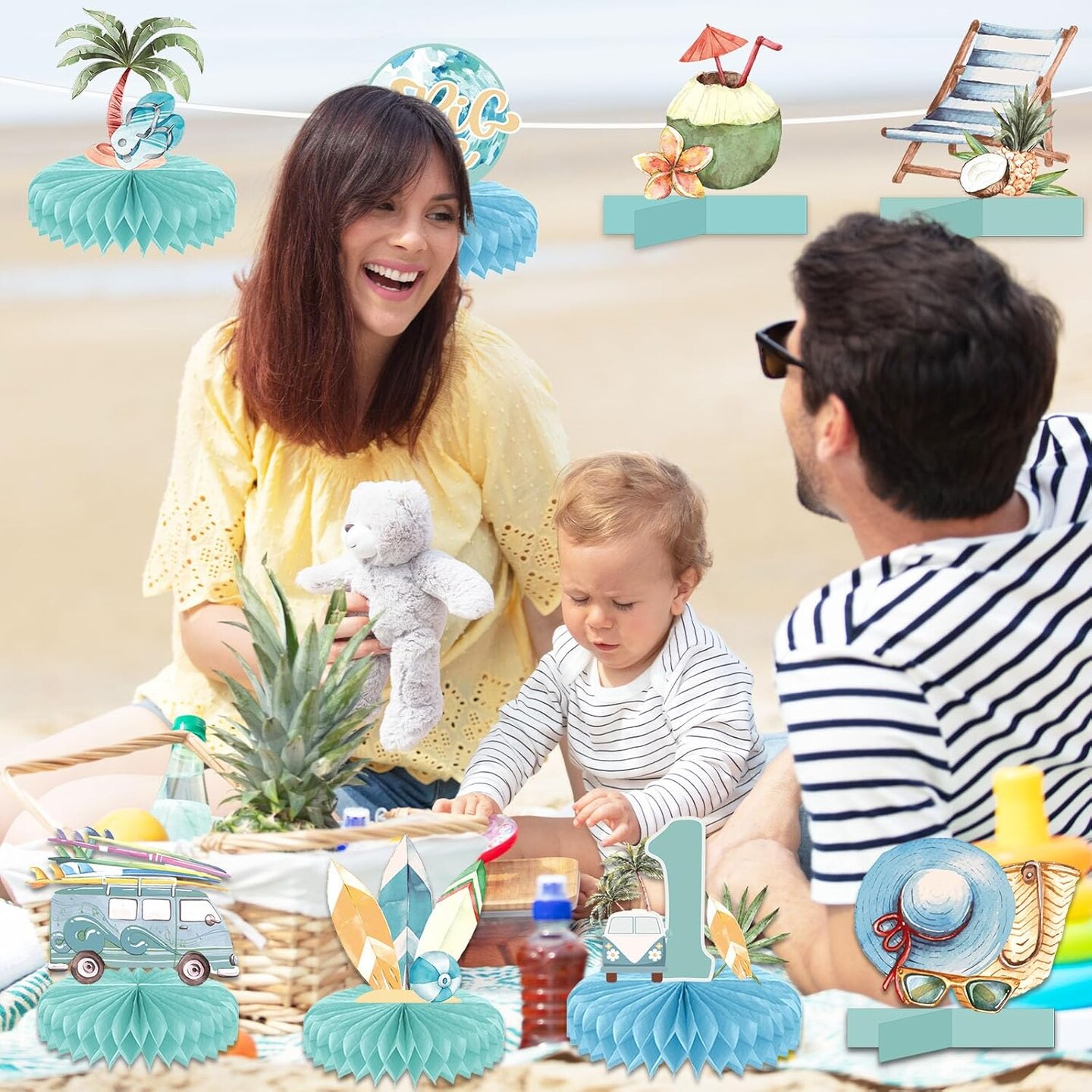 10Pcs The Big One Honeycomb Centerpieces for Summer Beach 1st Birthday Party Decoration Surfing Beach 1 Year Old Birthday Table Centerpieces Supplies for Baby Kid Birthday Table Topper Decor