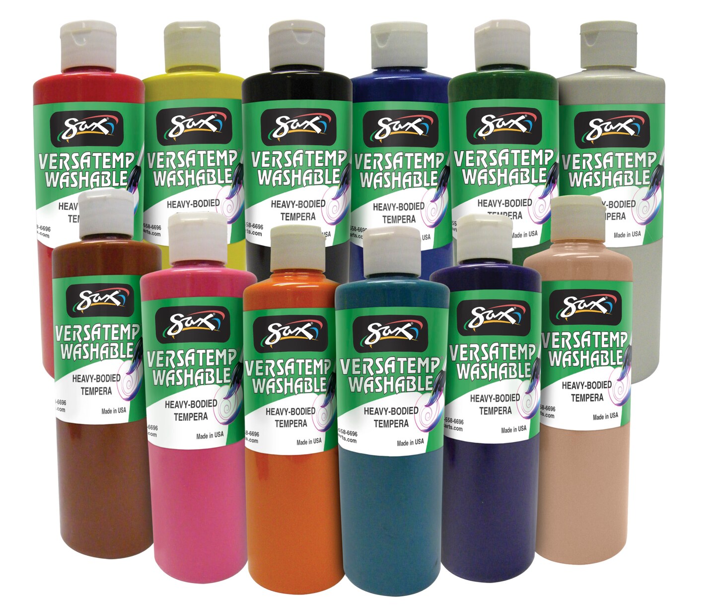 Sax Versatemp Washable Heavy-Bodied Tempera Paint, 1 Pint Bottles, Assorted Colors, Set of 12