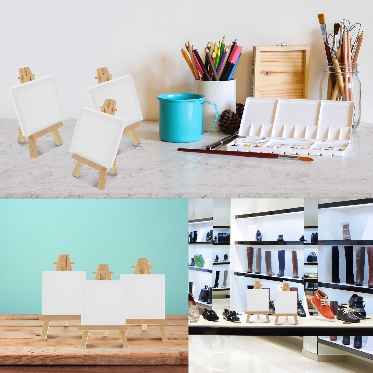 5&#x22; Mini Natural Wood Display Easel (12 Pack), A-Frame Artist Painting Party Tripod Easel - Tabletop Holder Stand for Kids Crafts Small Canvases Cards