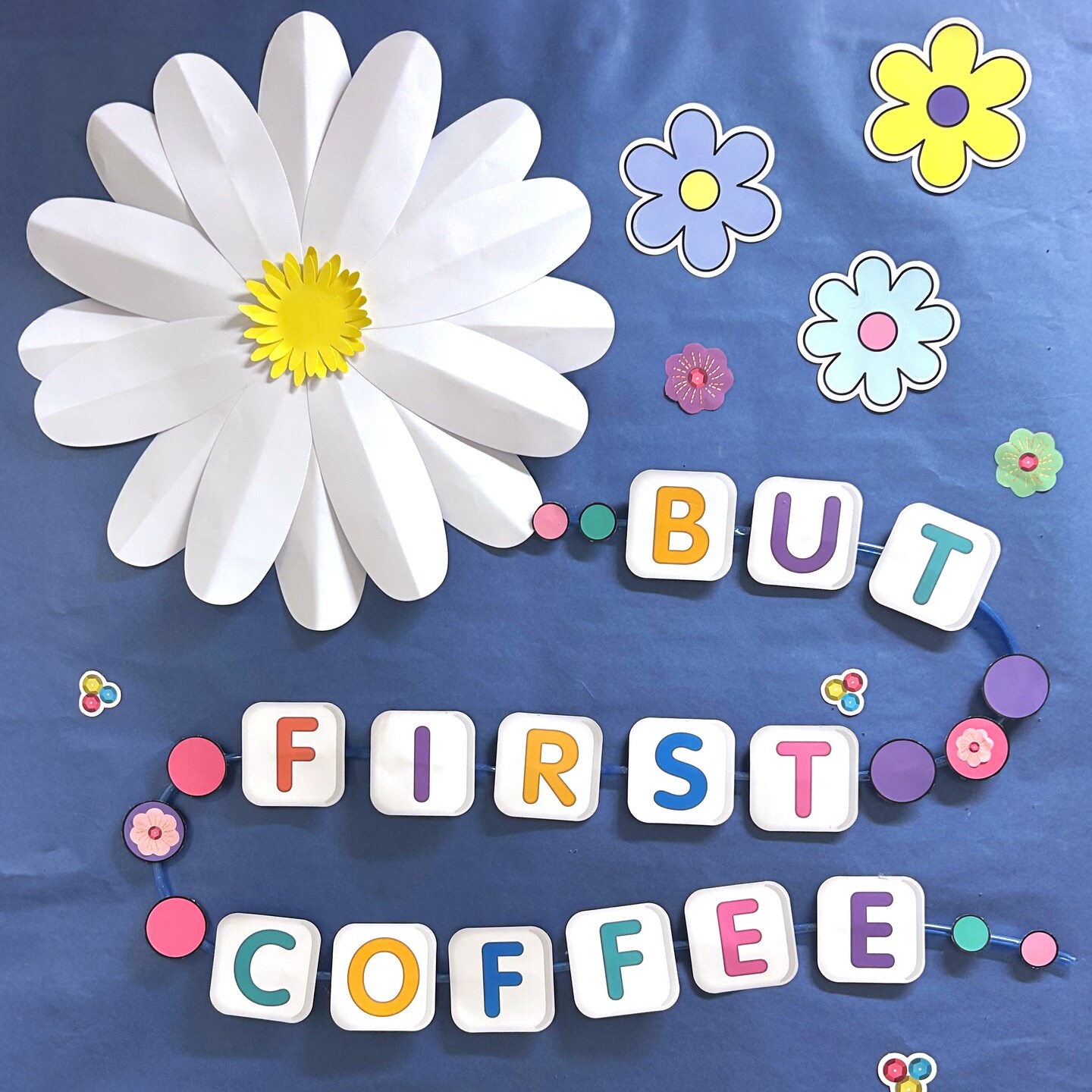 Happily Ever Elementary Retro Remix 4-Piece 3D Daisy Bulletin Board Decorations, Groovy Paper Flowers With Glue Point Dots for Baby Shower, Party, Wedding, and Classroom Decor