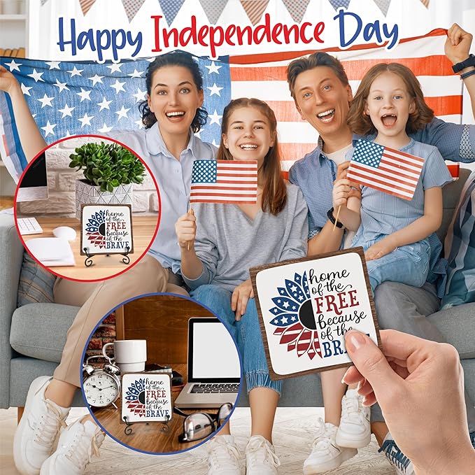 July 4th Petals Wood Plaque With Iron Stand - Home Of The Free Because Of The Brave - 4"x4" Wooden Block Sign, Patriotic Desk Signs, Shelf & Tabletop Decorations, America Memorial Day Supplies - E06