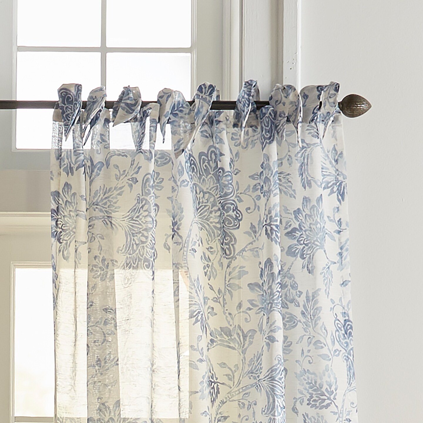 Threadmade Home Westport Floral Tie-Top Sheer Window Curtain, Indigo - 52"W x 95"L
