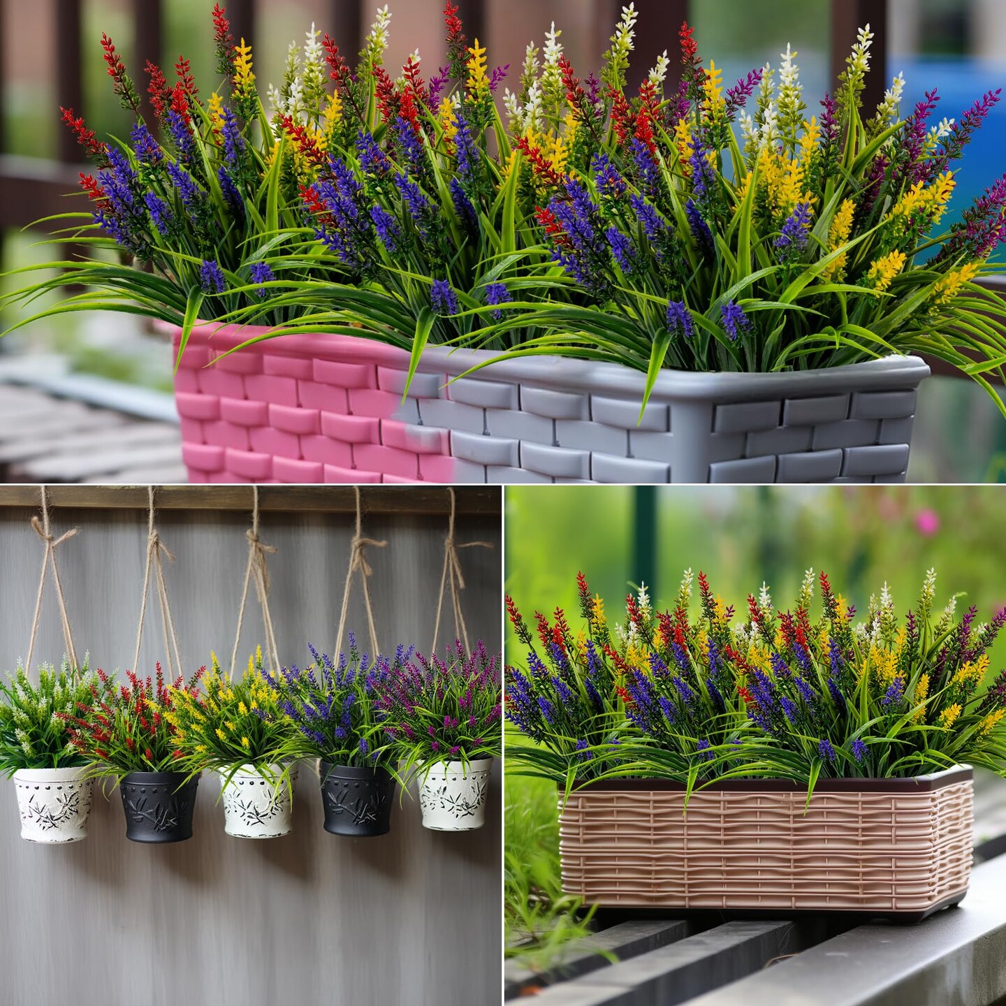 Artificial Flowers for Outdoor Plants 24 Bundles Fake Lavender Plastic Faux Monkey Grass for Verandah Window Garden Office Patio Front Porch UV Resistant for Planter(5 Colors)