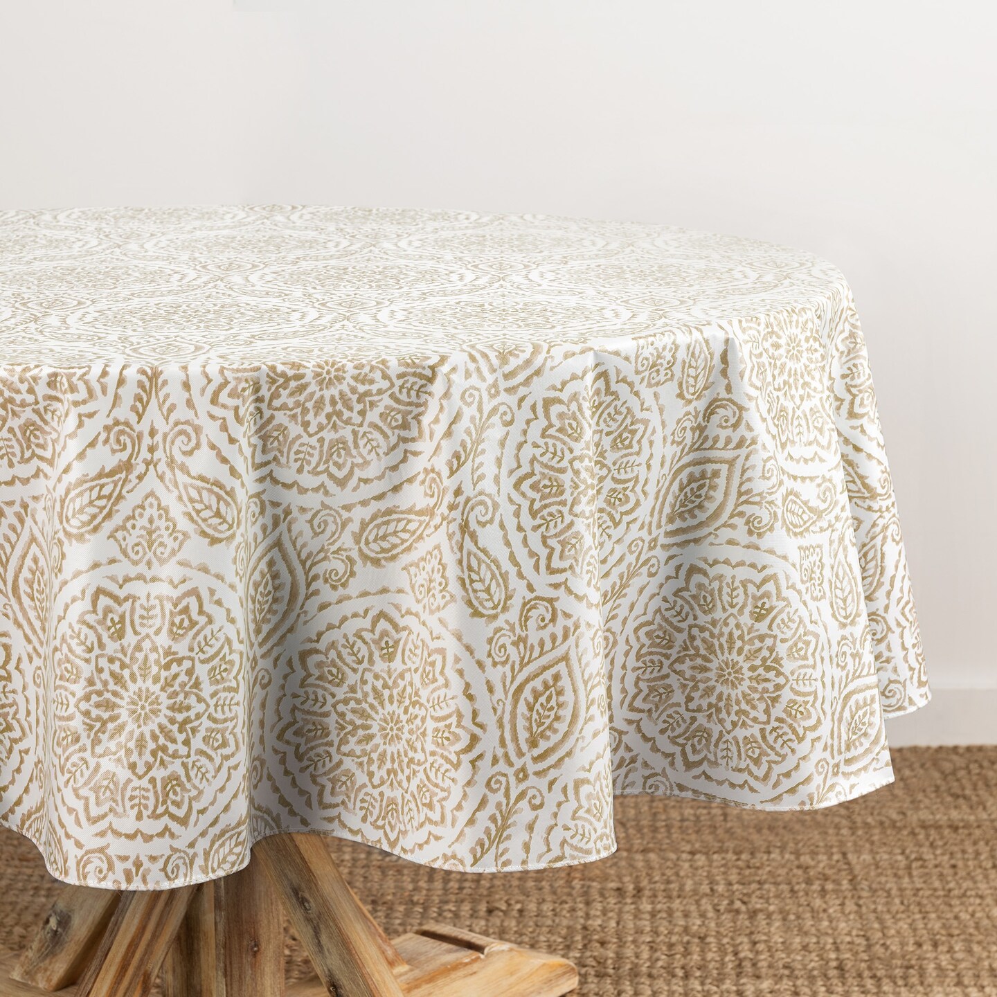 Threadmade Home Savannah Boho Paisley Printed Vinyl Indoor/Outdoor Tablecloth, Taupe - 60"W x 84"L Oval