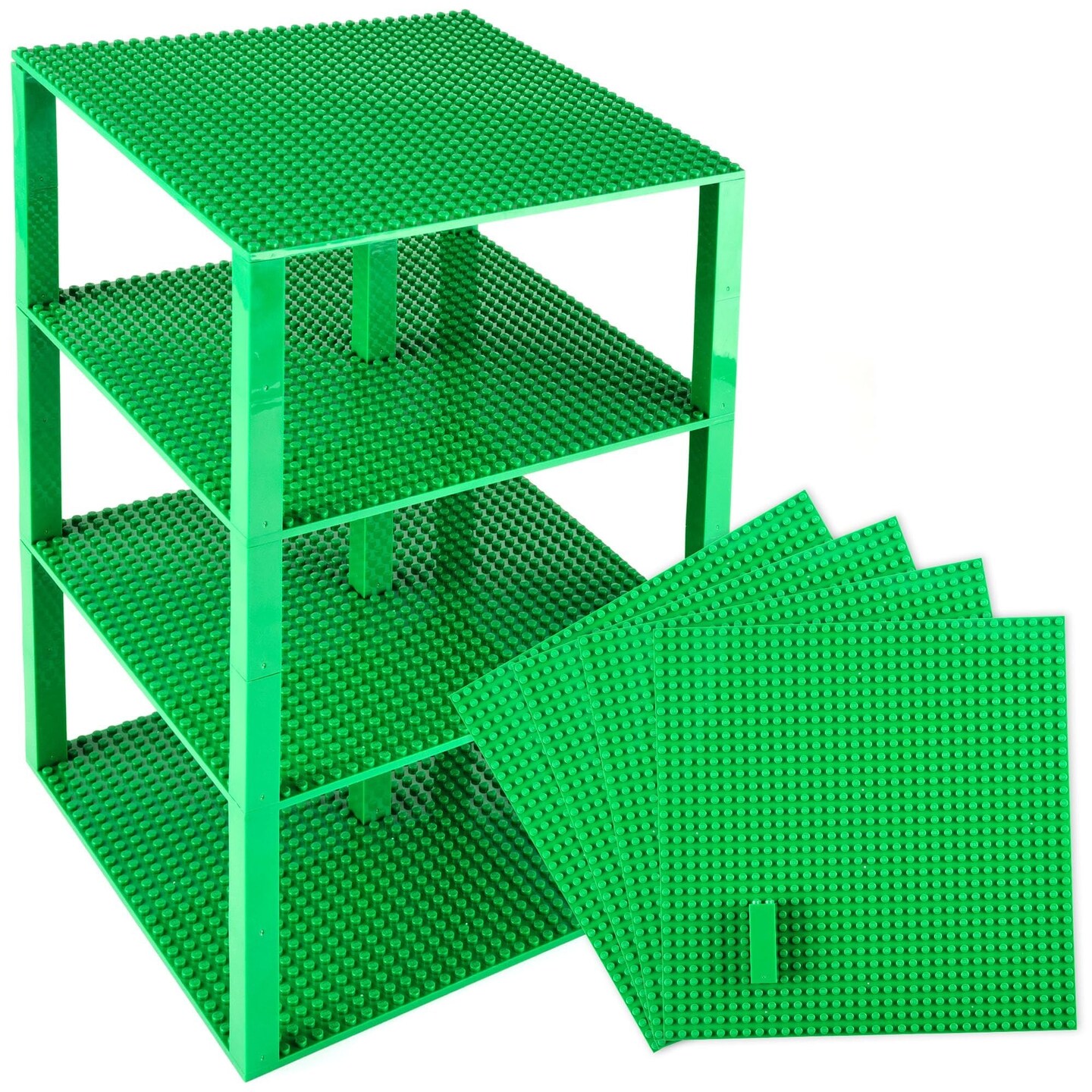 Strictly Briks Large Classic Stackable Baseplates, Building Bricks For Towers, Shelves, and More, 100% Compatible with All Major Brands, Green, 4 Base Plates &#x26; 30 Stackers, 10x10 Inches