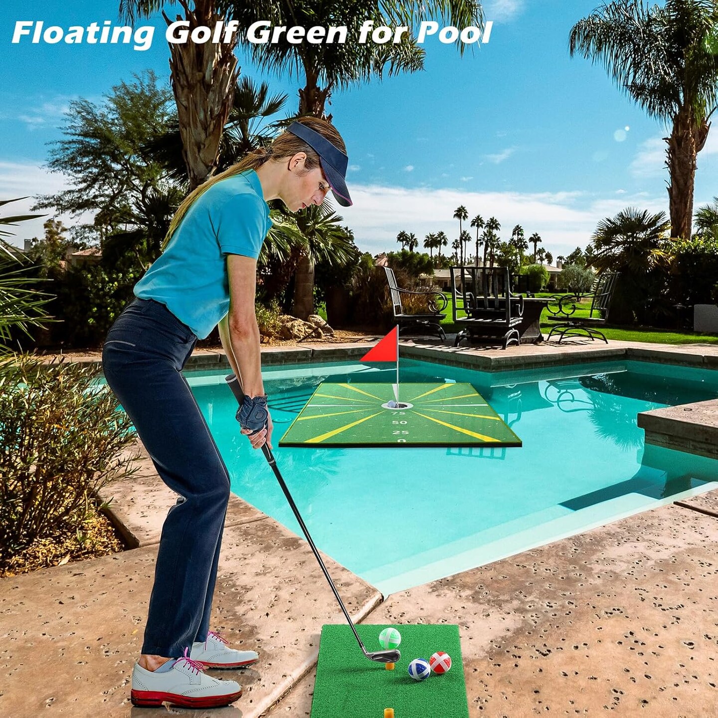 5x4ft Golf Hitting Mat &#x26; Floating Golf Green (1.5x1.2m) - Premium Practice Turf for Indoor/Outdoor, Pool, Backyard with 7-Iron Club, Balls, Tees - Perfect Gift for Men/Dad/Golf Lovers