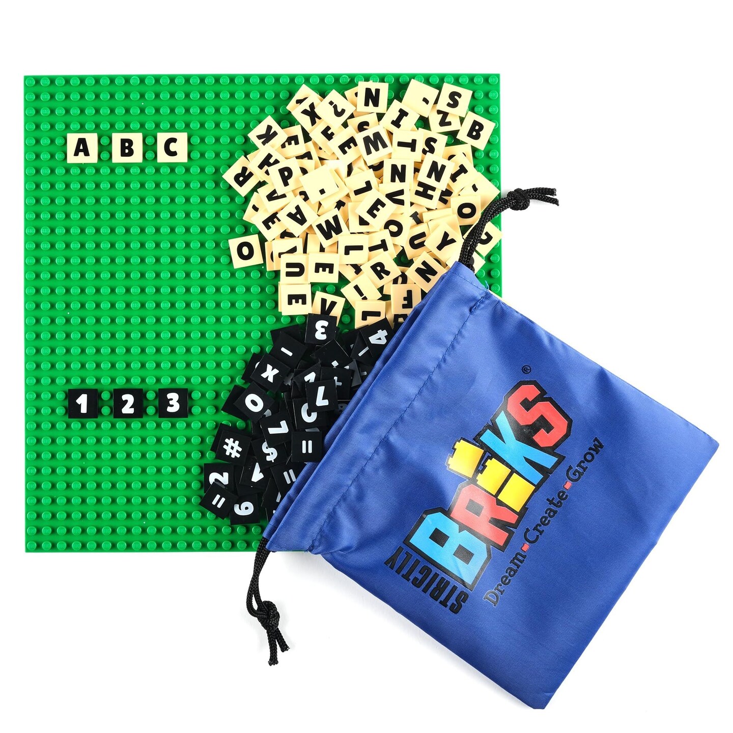 Strictly Briks AlphaBriks, MathBriks, and 10x10 Green Baseplate, 200 Pieces, 2x2 Alphabet Letter and Number Bricks, Easy to Remove, Fun and Educational Tool, 100% Compatible with All Major Brands
