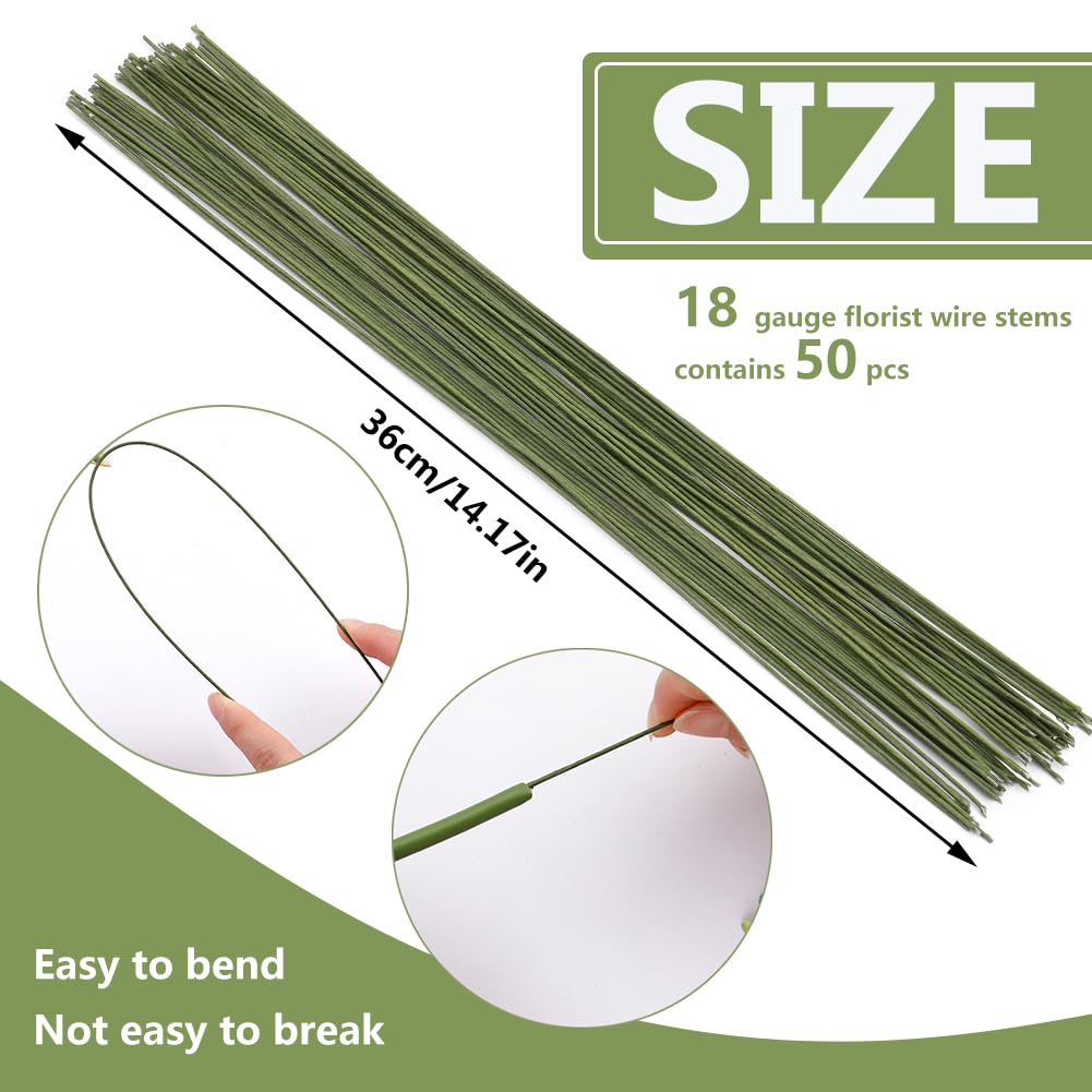 50-Pack 18-Gauge Dark Green Floral Wire Stems, Paper-Wrapped for Crafts