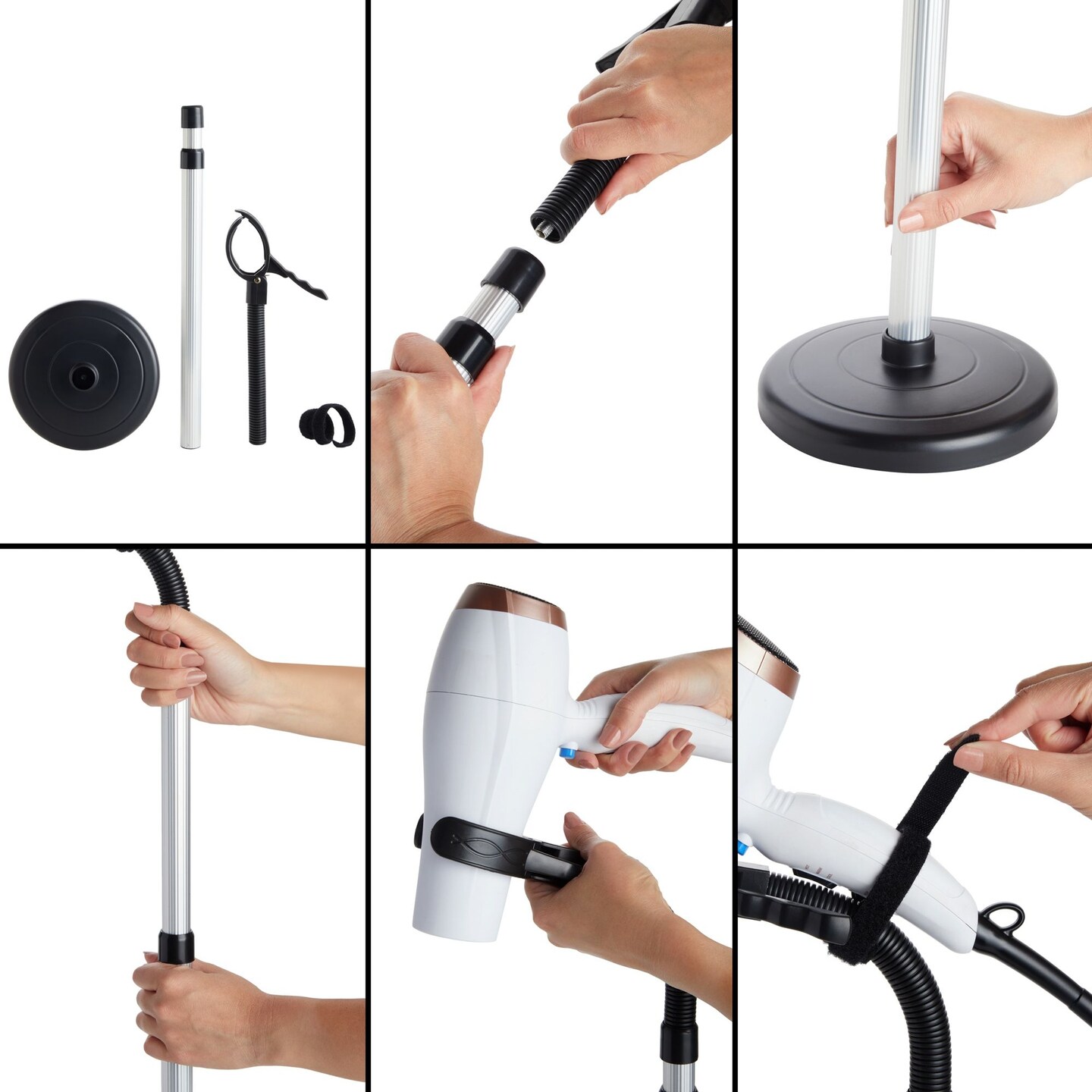 Adjustable Hands-Free Hair Dryer Stand Holder 360 Degree Rotation, Compatible with Compact Styling Tools