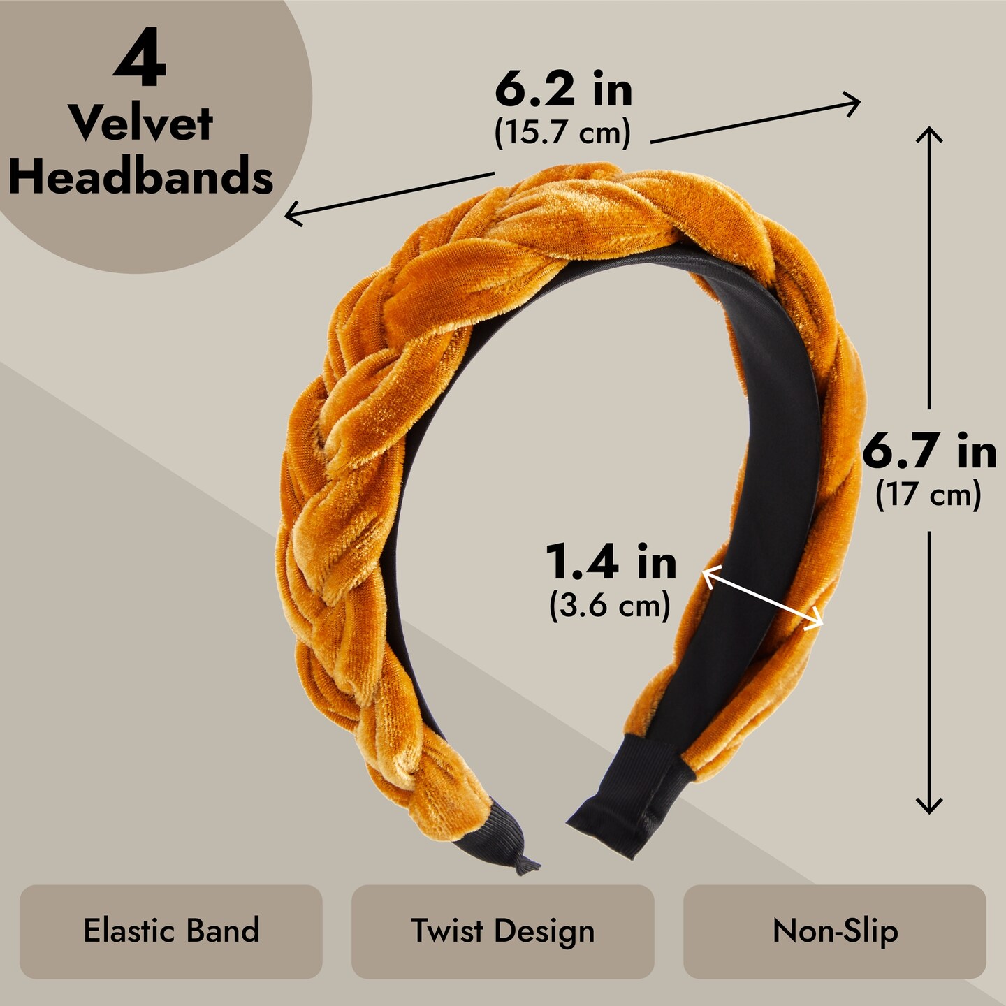 4 Pack Velvet Braided Headbands for Women, Wide, Non-Slip Padded Hair Accessories (4 Colors)