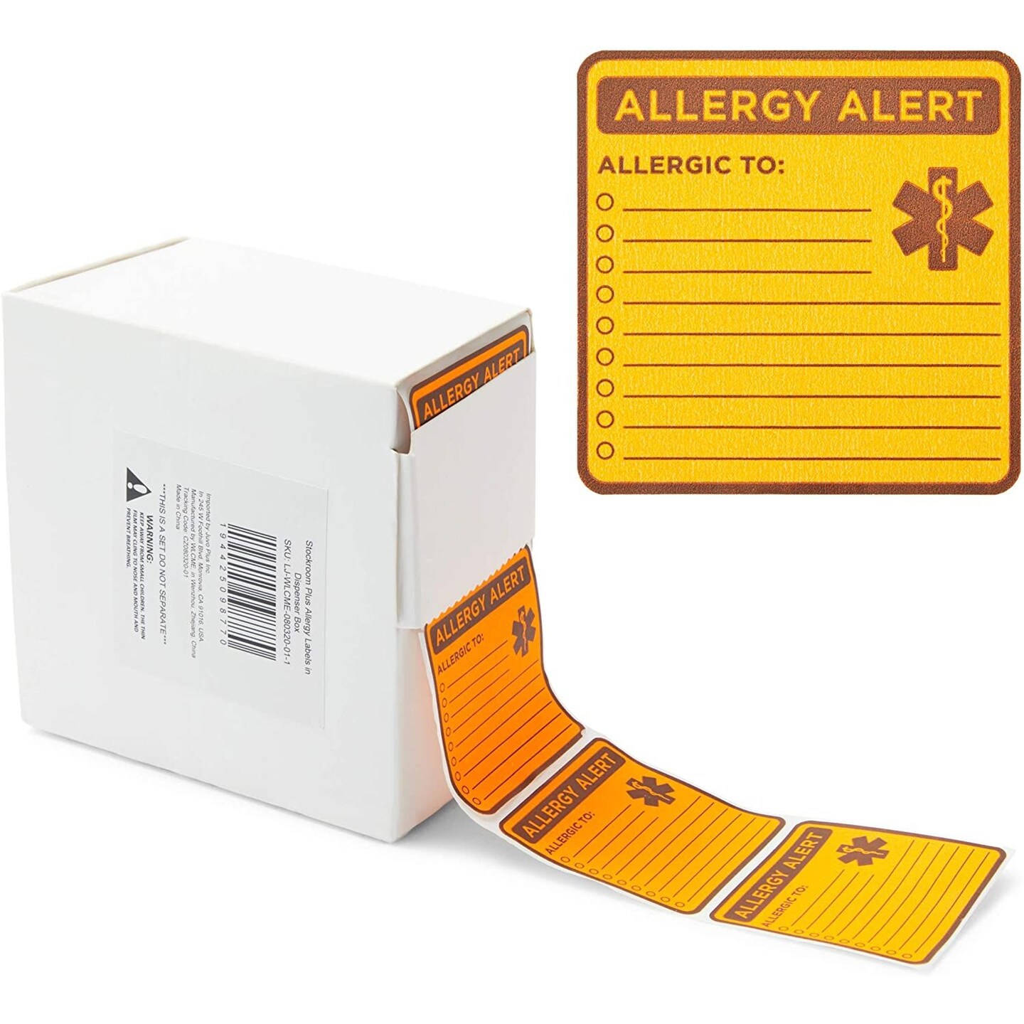 Allergy Labels with Sticker Roll Dispenser (2 x 2 In, Neon Orange, 1000 Pack)