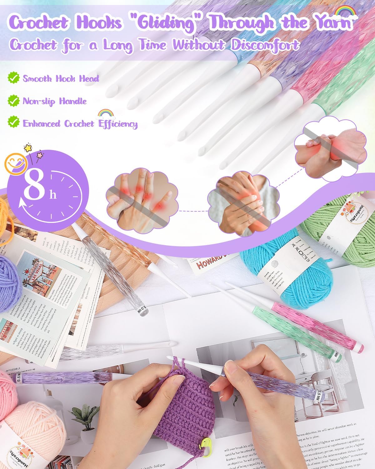 9pcs Solft Warm Crochet Hook Kit Polymer Clay Rainbow Crochet Hoook 2.0-6.0mm Aluminum Knitting Hook for Crochet Yarn Craft