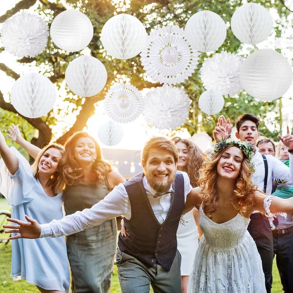 14 PCS White Honeycomb Decorations Paper Lanterns Party Decoration Kit Hanging Tissue Pom Poms Flowers White Paper Fans for Wedding Engagement Birthday Baby Bridal Shower Party Decoration Easy Joy