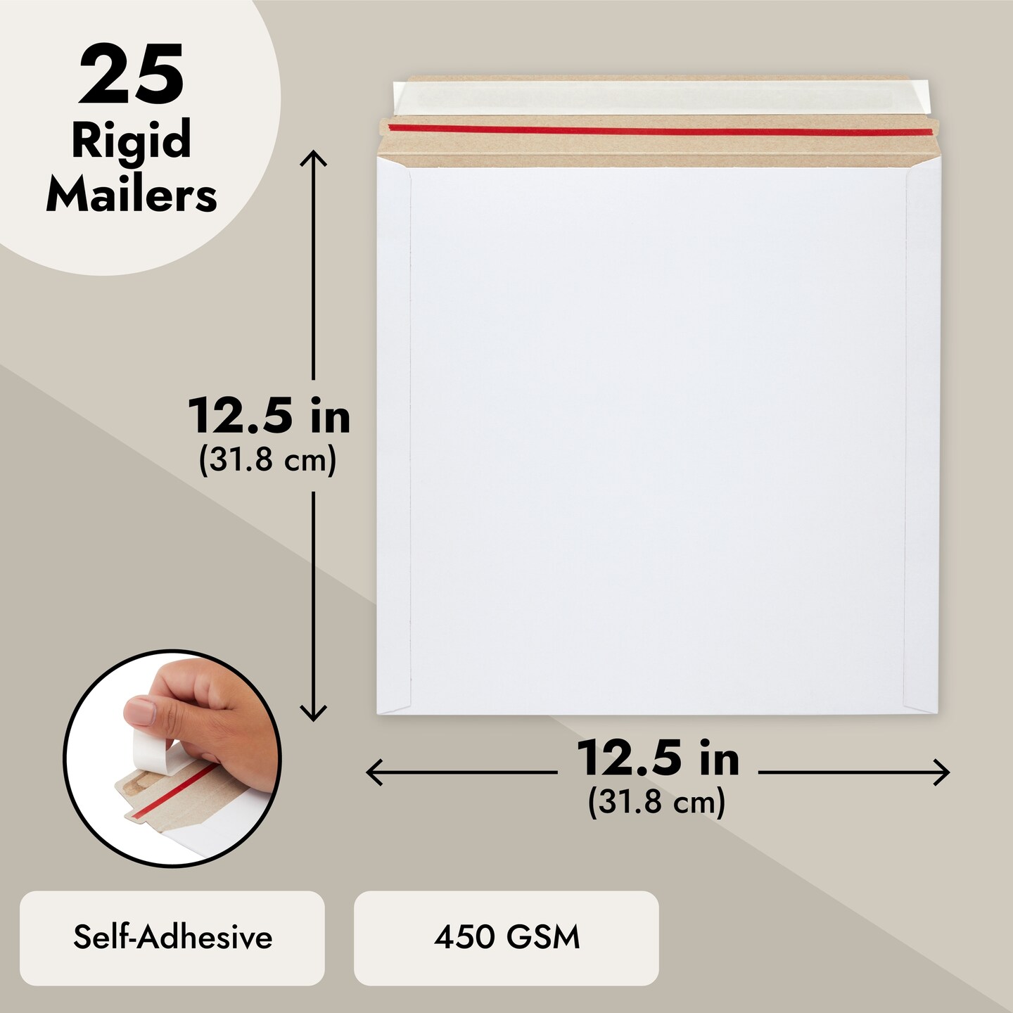 25-Pack Stay Flat Rigid Mailers 12x12 with Self Adhesive Seal, Bulk White Cardboard Envelopes for Shipping Photos, Mailing Calendars, Art Prints, CDs, Documents