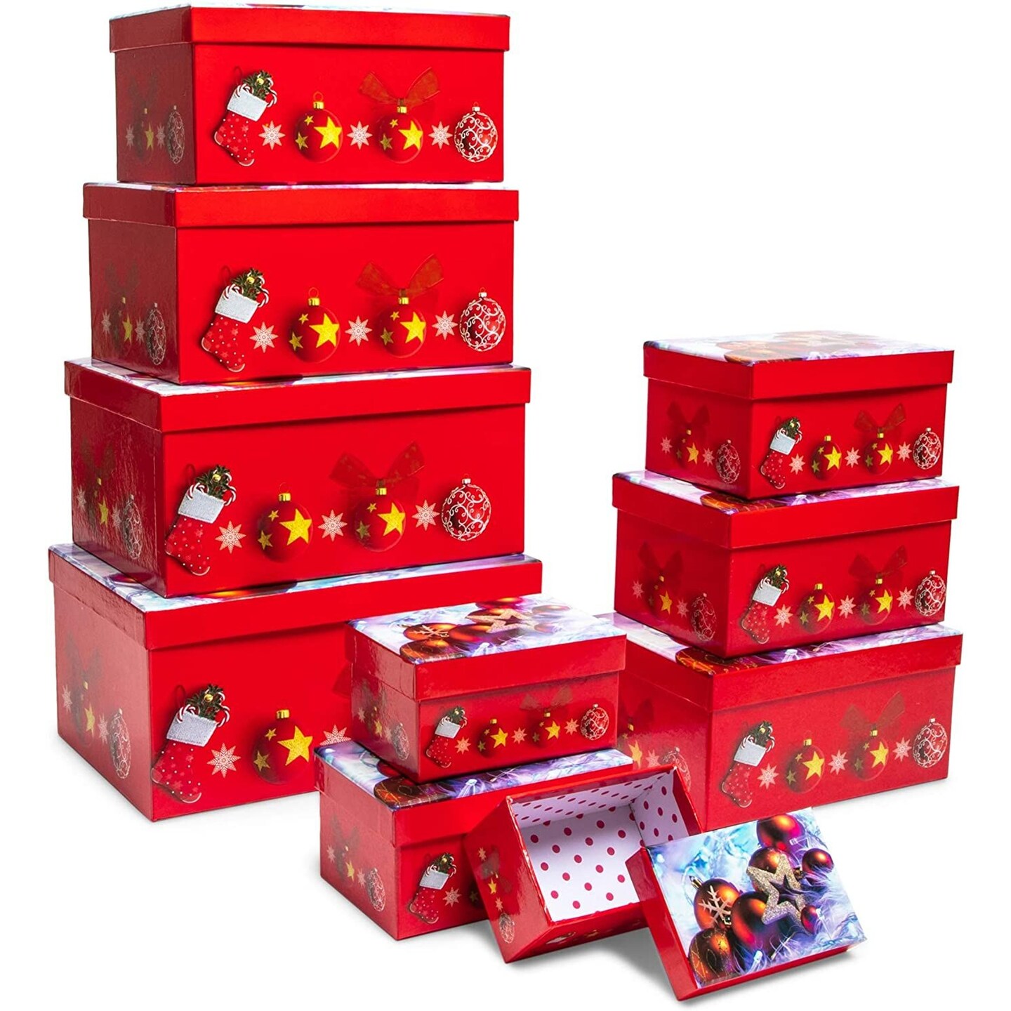 Bright Creations 10 Pack Christmas Nesting Gift Boxes with Lids for Presents, Decorative Nested Holiday Wrap (10 Sizes), Red