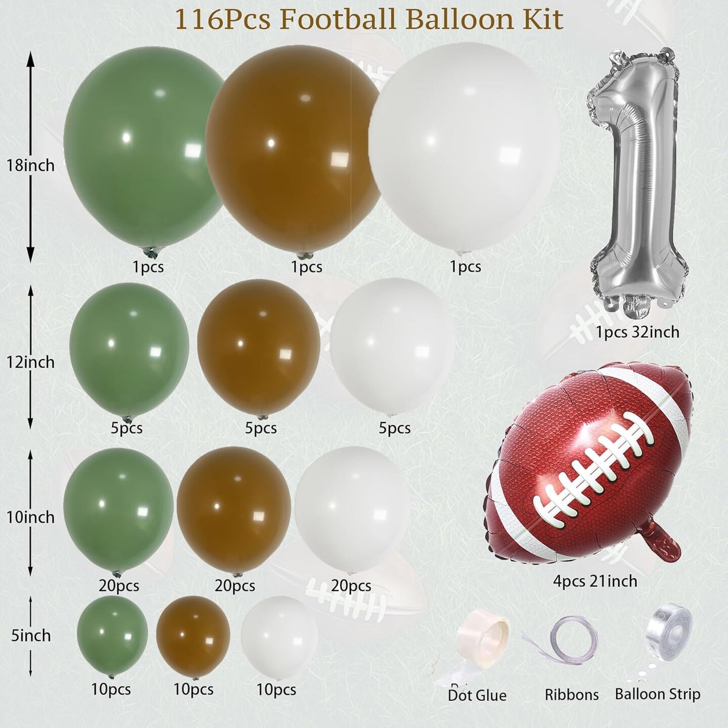 116PCS Balloon Arch Garland Kit, Green, Brown and White Balloons with Football Balloons for 1st Down Birthday, Baby Shower, and Sports Theme Party Decorations