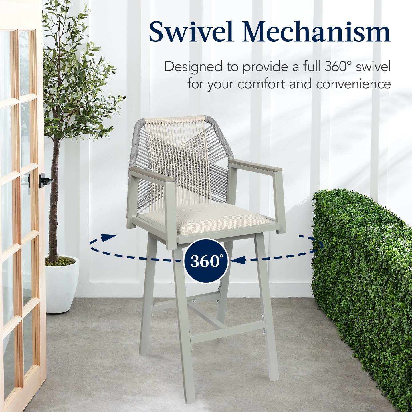 Best Choice Products Set of 2 Indoor/Outdoor Aluminum, Woven Rope Swivel Barstools w/ Armrests