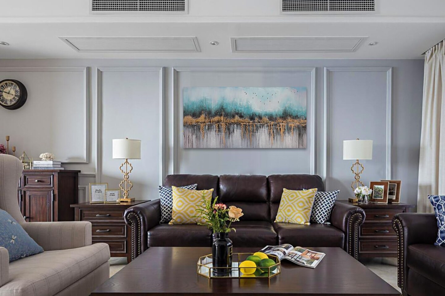 Teal & Gold Abstract Canvas Wall Art 40x20" – Framed, Textured, Ready to Hang.