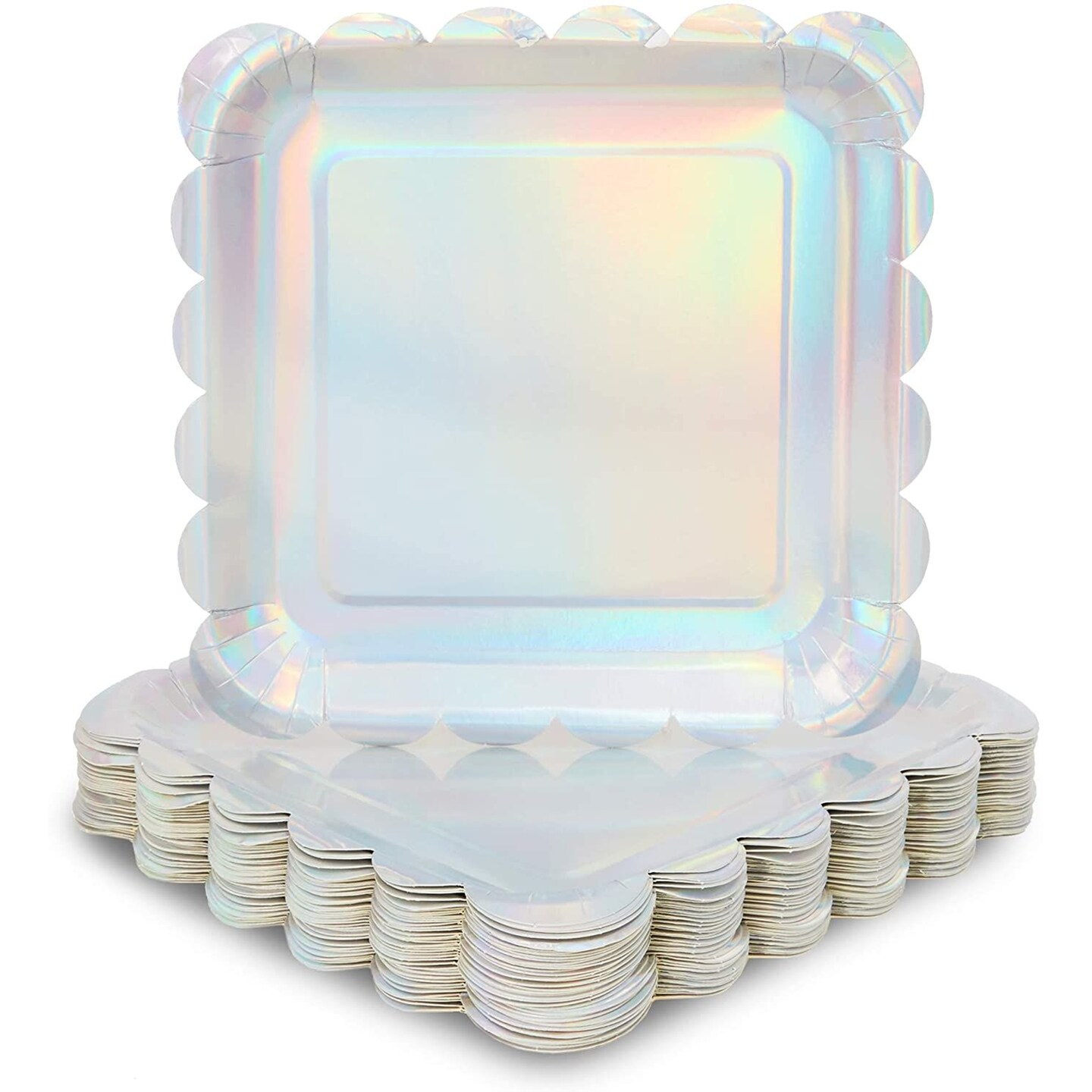 48-Pack Holographic Silver Foil Square Paper Plates, Scalloped Edge (9 in)