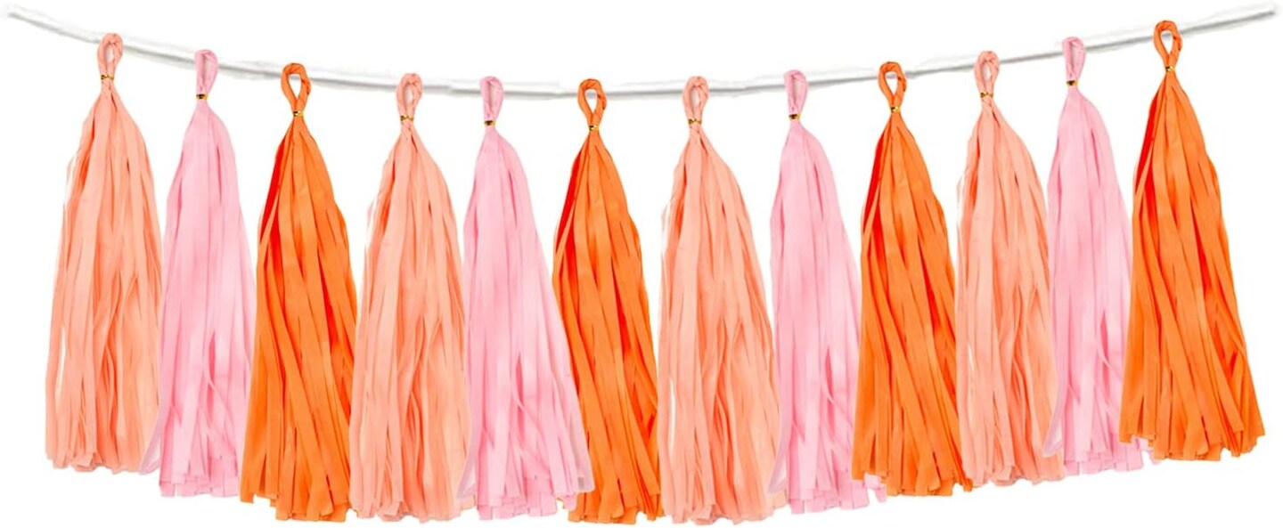 15PCS Pink Orange Peach DIY Tissue Tassel Garland Groovy Retro Party Tassel Banner Bunting Streamer for Girl Baby Shower Groovy Halloween Birthday Bridal Shower Nursery Classroom Wall Hanging D&#xE9;cor