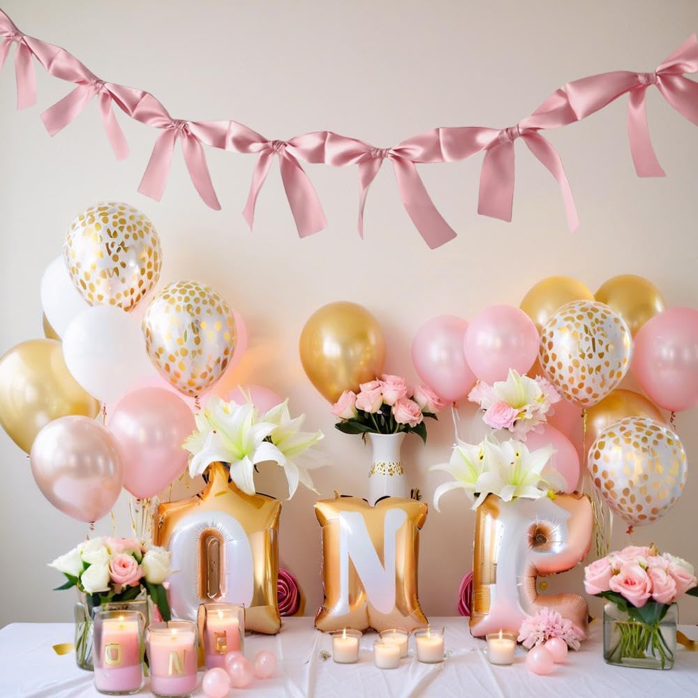 2Pcs Pink Bow Garland Banner for Coquette Birthday Bachelorette Party Decorations, 5.4FT Satin Bow Banner Decorations for Wedding Favors Bridal Shower Engagement Party Supplies Baptism Gift