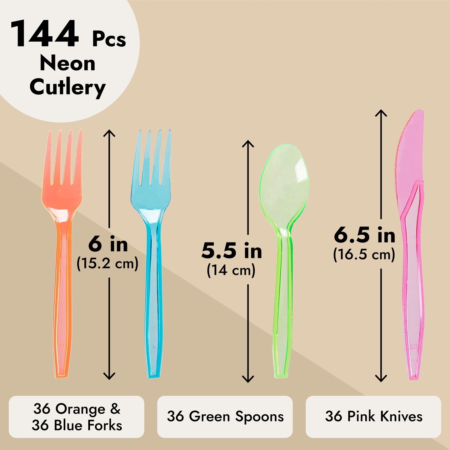 Rainbow Plastic Silverware Set, Neon Forks, Knives, and Spoons (144 Pieces)