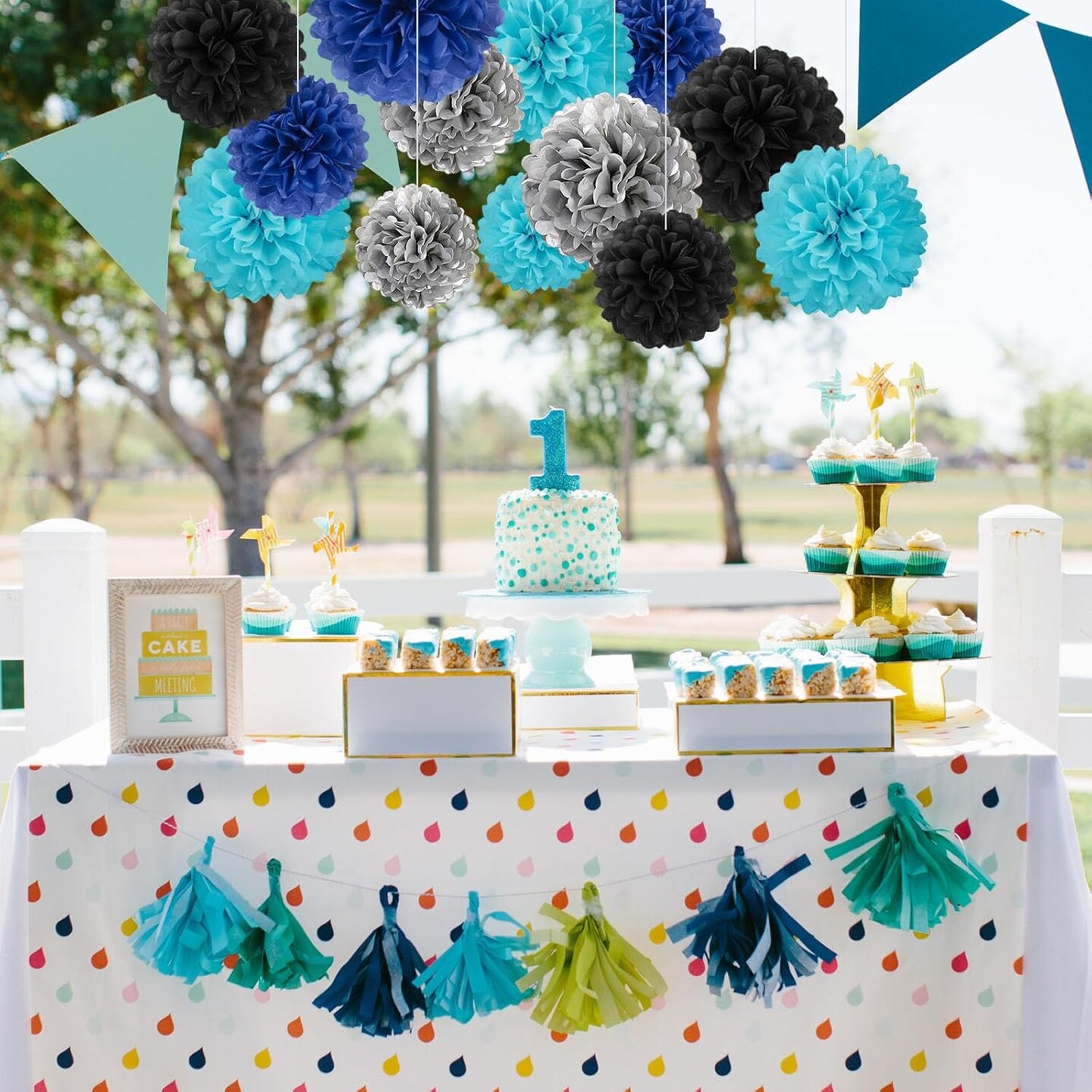 20 PCS Tissue Paper Pom Poms, Tissue Pom Poms Flowers, Sizes of 6&#x22;, 10&#x22;, 12&#x22;, 14&#x22; Hanging Paper Flower Ball for Wedding, Birthday, Graduation, Baby Shower Party Decor (Black Silver Blue)