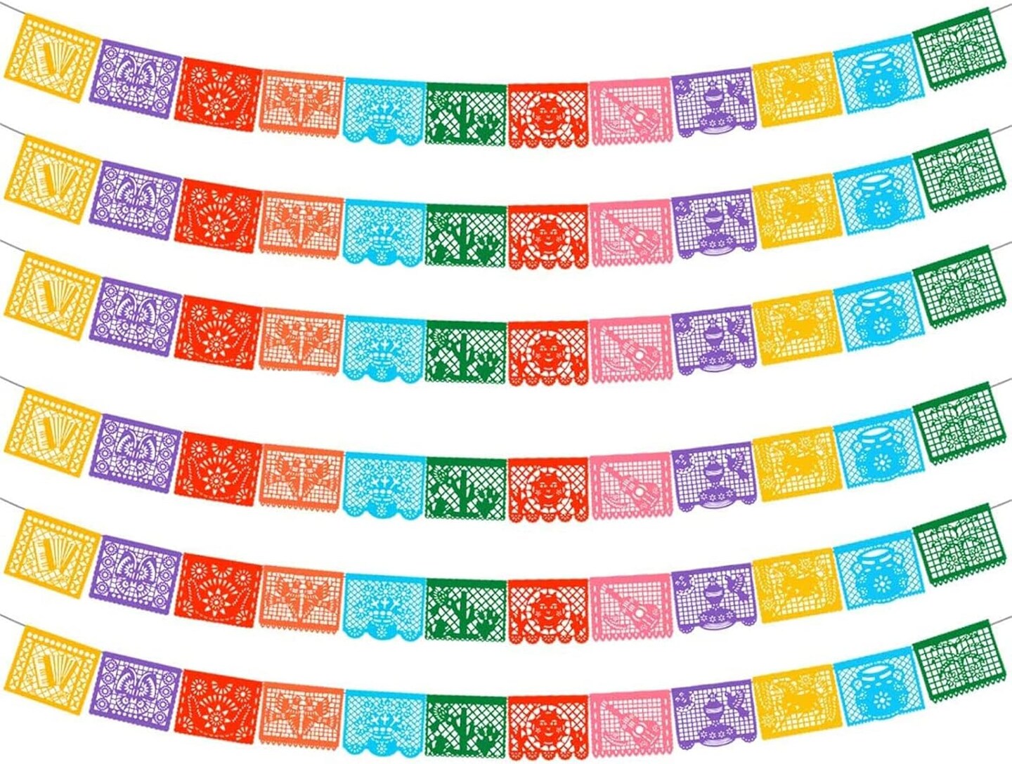 6 Packs Mexican Banners 132 Ft(22ft x 6) Papel Picado Banner, Large Plastic Mexican Fiesta Banners Cinco de Mayo Party Fiesta Decorations Mexican Themed Birthday Party Supplies 12 Patterns with String