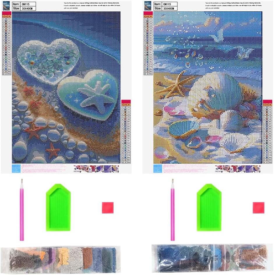Beach Diamond Art Kits for Adults, 2 Set Beach Love Shell Sea Diamond Art Kits, 5D Full Drill Diamond Art Kit for Adults