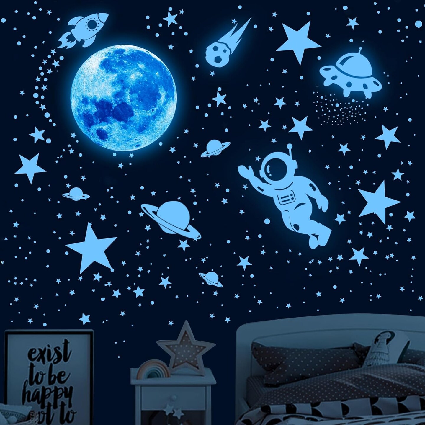Glow-in-the-Dark Stars & Planets Wall Decals – Solar System Stickers for Kids’ Bedroom, Nursery & Party Decor