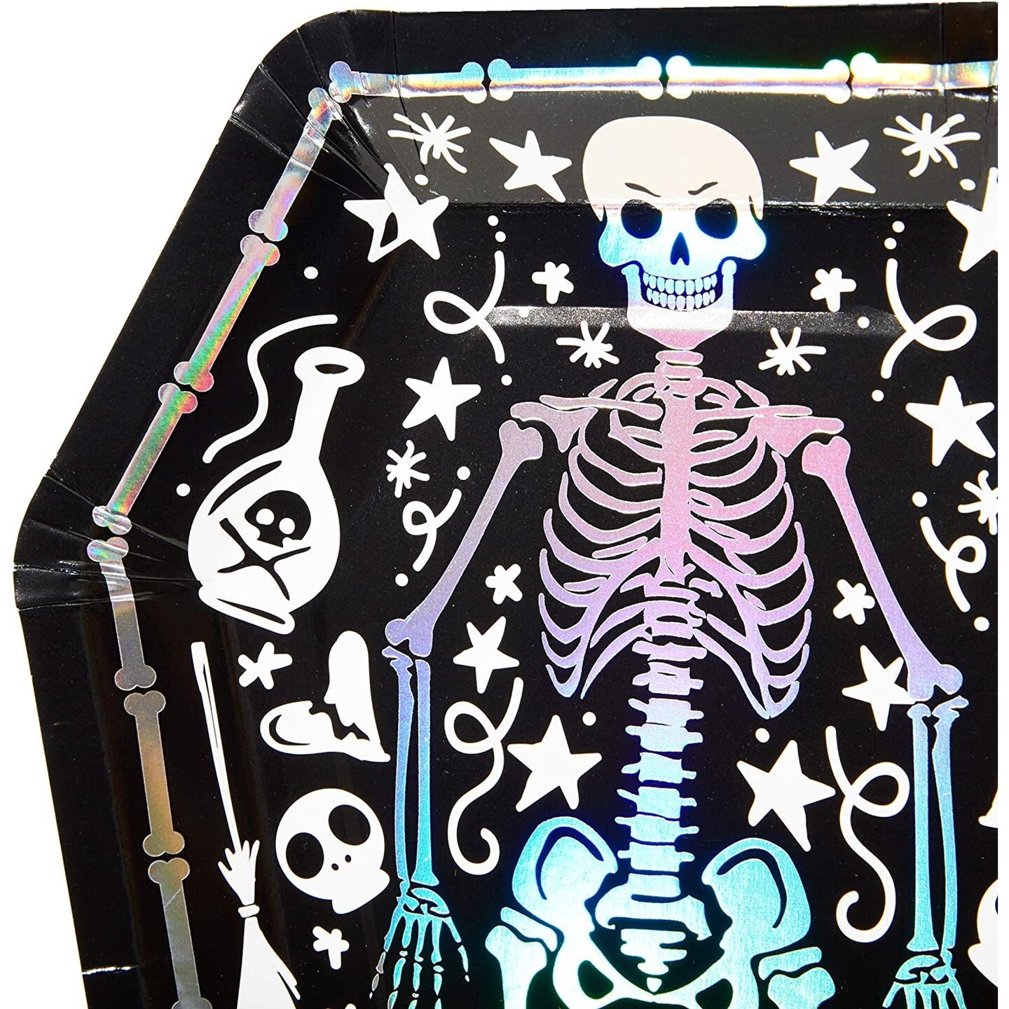 Spooky Central 48-Pack Skeleton Coffin Halloween Plates, 10-Inch Disposable Spooky Plates, Cute Coffin Paper Plates for Black Halloween Party Supplies, Vintage Skeleton Design