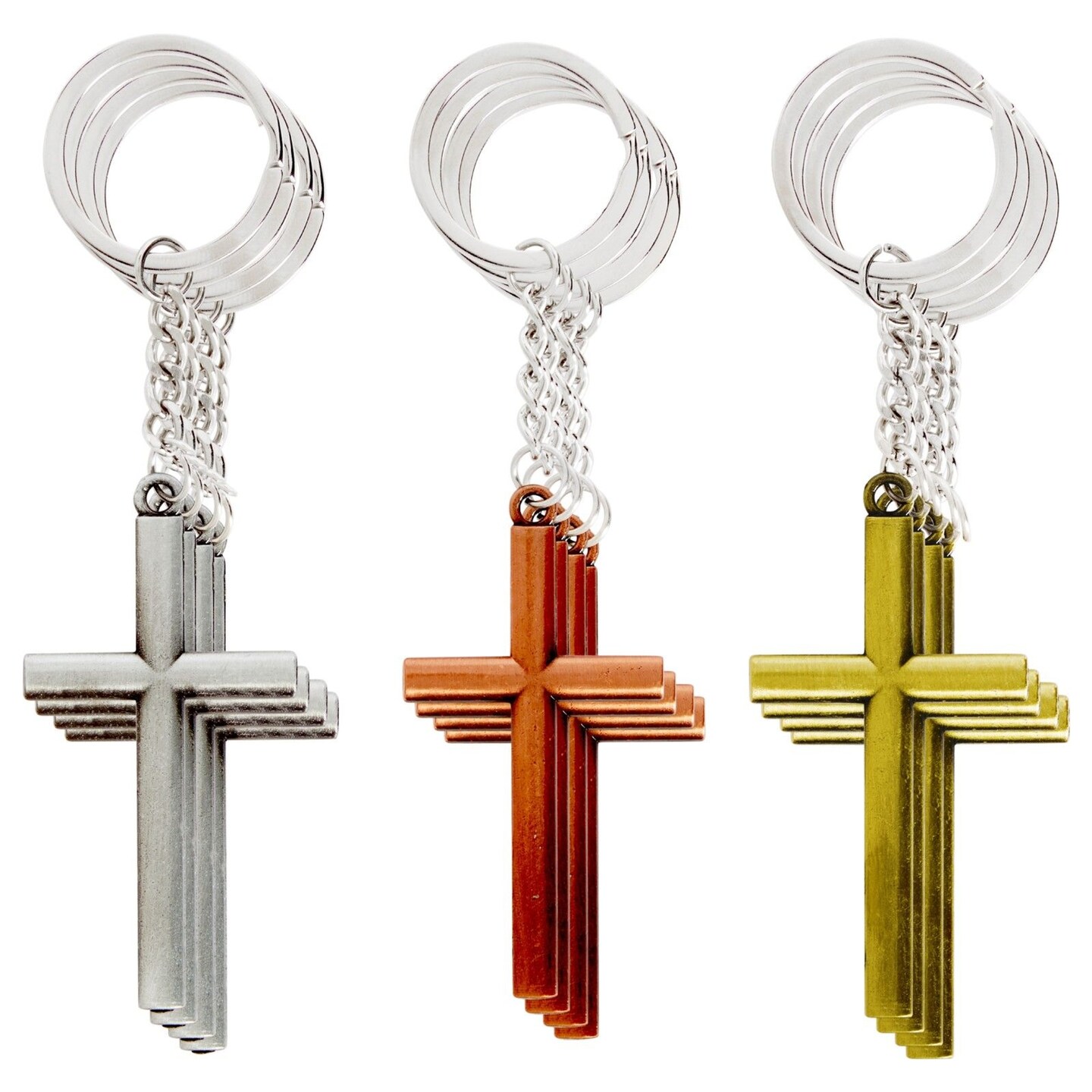 12 Pack Cross Keychains, Religious Jesus Key Rings Bulk for Christian Gifts, Party Favors, Car Keys (3 Colors, Metal, 4.75 x 1.3 In)
