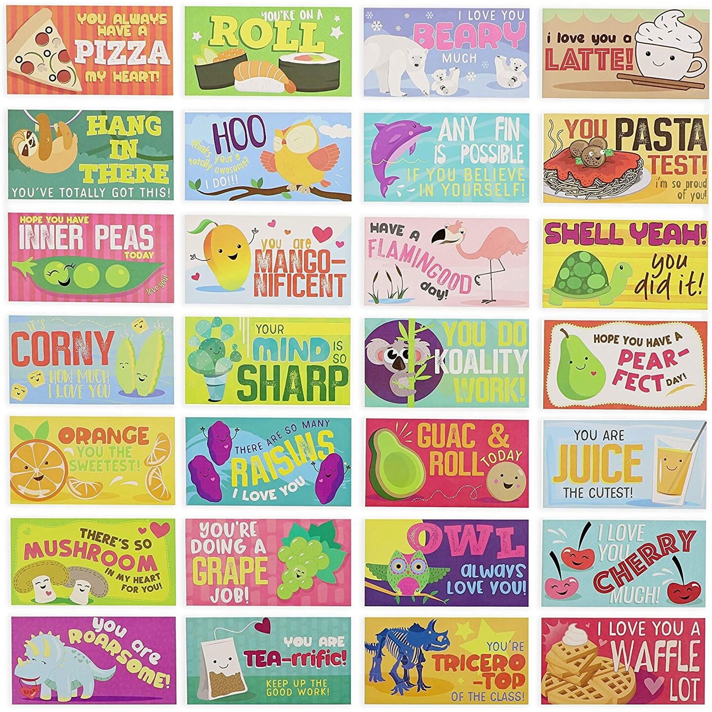 Kids Motivational Notes for Lunch Boxes, Funny Puns 30 Designs (2x3.5 In, 60 Pack)