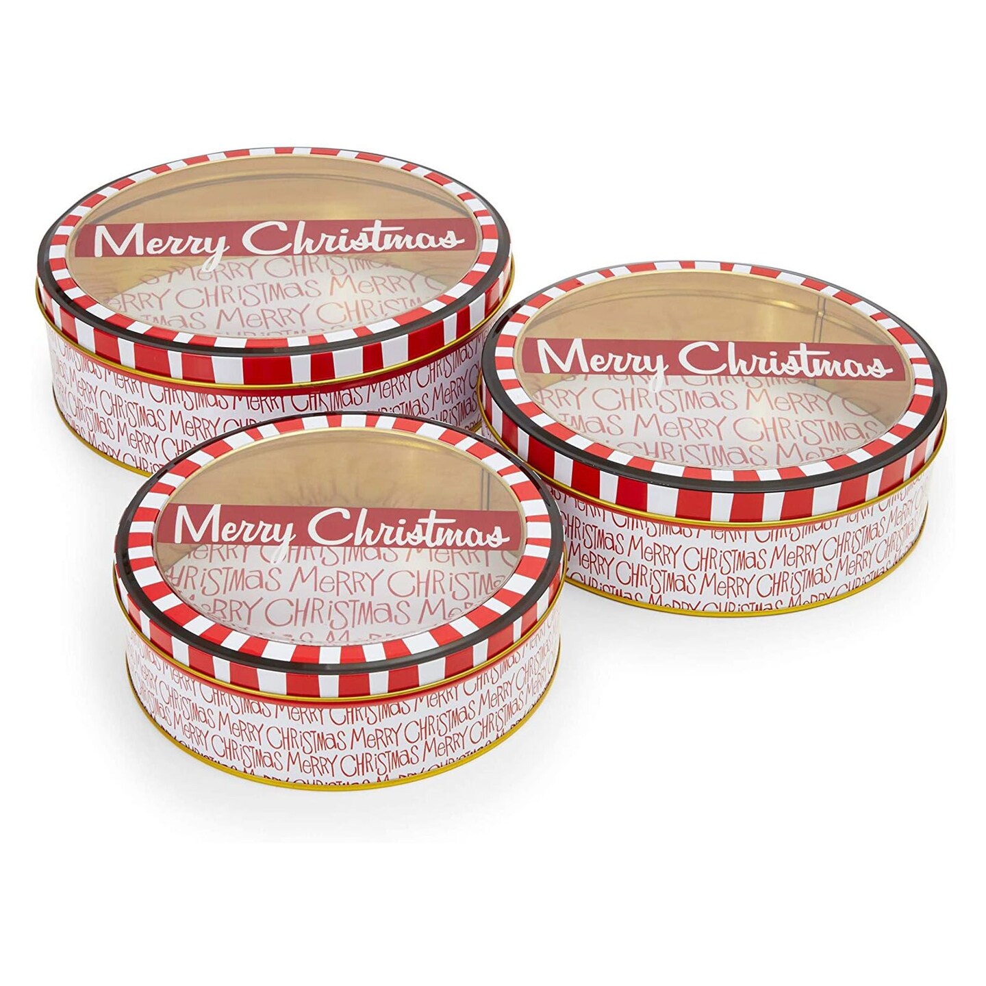 Juvale Set of 3 Merry Christmas Cookie Tins with Lids, Round Nesting Holiday Containers, 3 Sizes, Red Biscuit Tin, Christmas Cookie Tins for Gift Giving
