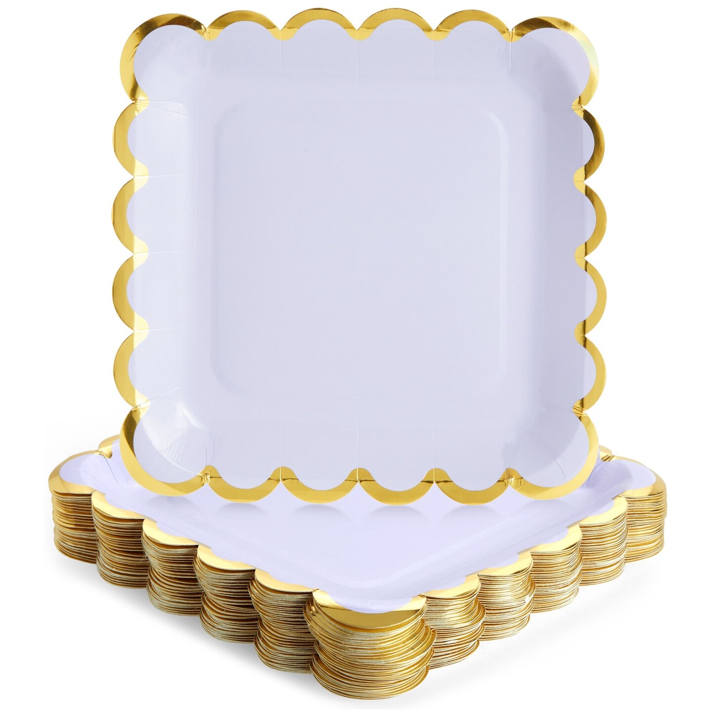 48 Pack Pastel Purple Paper Plates for Birthday Party Supplies, Scalloped Gold Border, 9 in