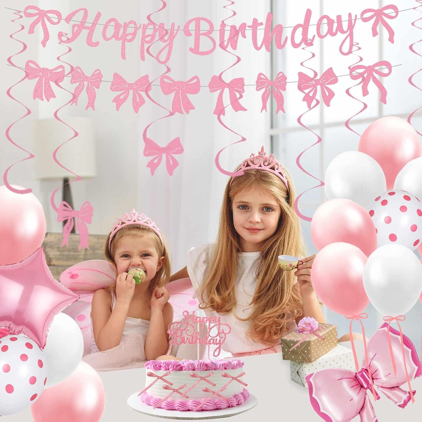 Pink Bow Party Decorations, 47 Pcs Coquette Birthday Party Decorations, Pre-Strung Happy Birthday Banner Bow Garland for Girls Birthday Baby Shower Bridal Shower Bachelorette Party Decor