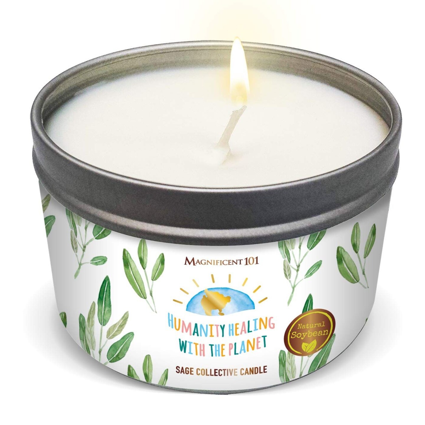 MAGNIFICENT 101 Pure White Sage Collective Candle Smudge Candle for House Energy Cleansing, Banishes Negative Energy - Natural Soy Wax Tin Candle (HUMANITY HEALING WITH THE PLANET)