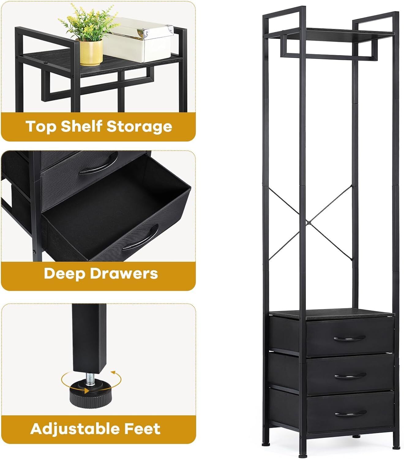 Heavy Duty Garment Rack with 3 Drawers & Shelves | 71" Tall Multi-Functional Clothing Organizer | Industrial-Strength Metal & Pine Wood Wardrobe for Bedroom, Entryway