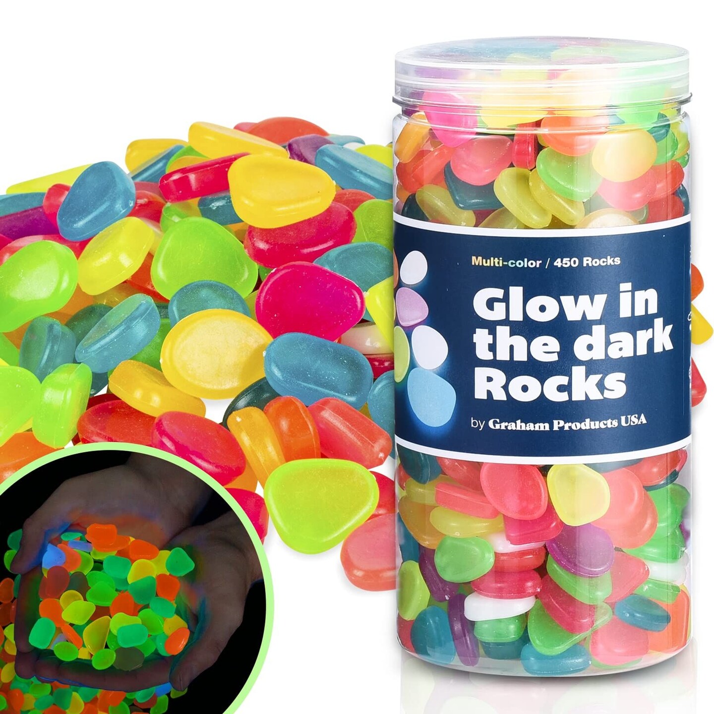 Graham Products 450 Pieces Glow in the Dark Rocks | Indoor &#x26; Outdoor Use - Garden, Fish Tank Pebbles, Planter, Walkway Decoration &#x26; More | For Kids Aged 6 &#x26; Up | Powered by Sunlight - Multi-colored