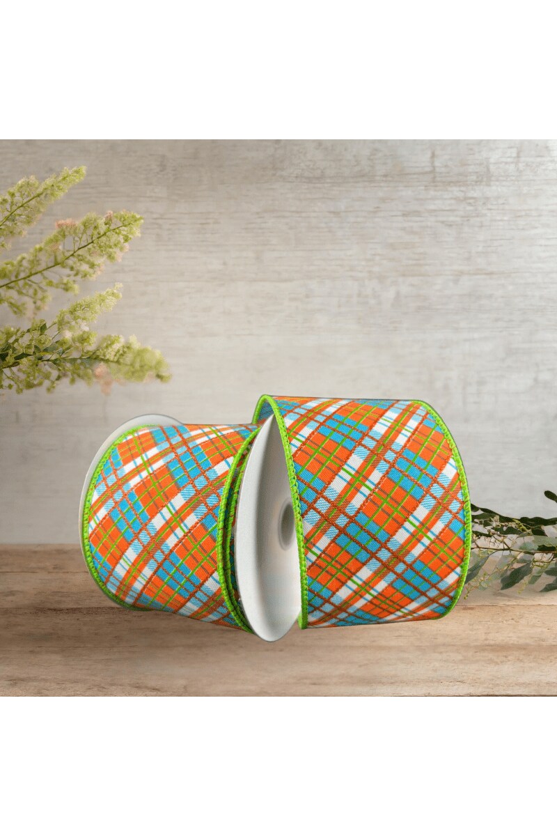 2.5&#x22; White Satin Busy Plaid Ribbon: Teal, Lime and Orange (10 Yards)