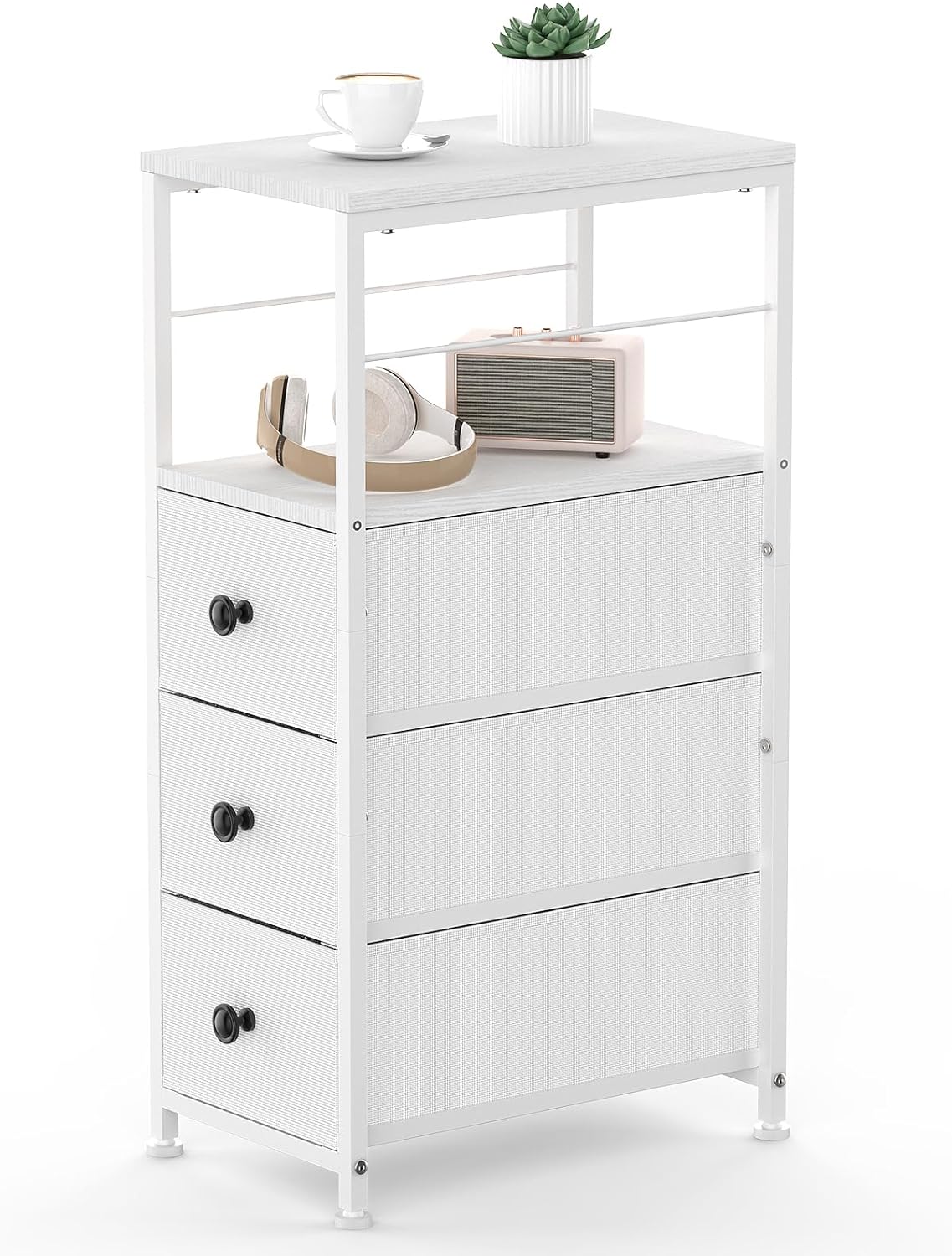 Narrow Dresser for Small Spaces | Slim White 3-Drawer Chest with Wood Shelf &#x26; Anti-Tip Design | Space-Saving Bedroom/Office Dresser Tower (28.26&#x22; H x 10.04&#x22; W)