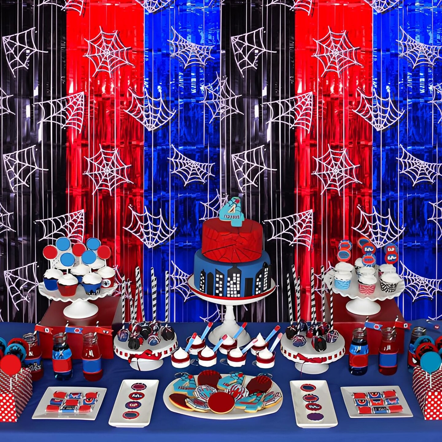 Spider Web Birthday Decorations, 2 Pack Spider Party Supplies 3.3x6.6ft Tinsel Foil Fringe Curtains, Red Black, and Blue Photo Booth Prop Backdrop Streamer, Birthday Decor, Party Decor for Boys